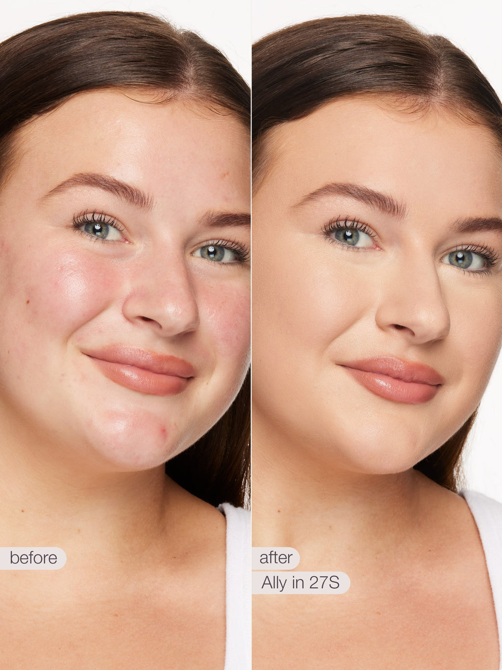 Before and after comparison of a woman's face with visible skin improvement using a product named 'Ally in 27S'. using tarte shape tape concealer