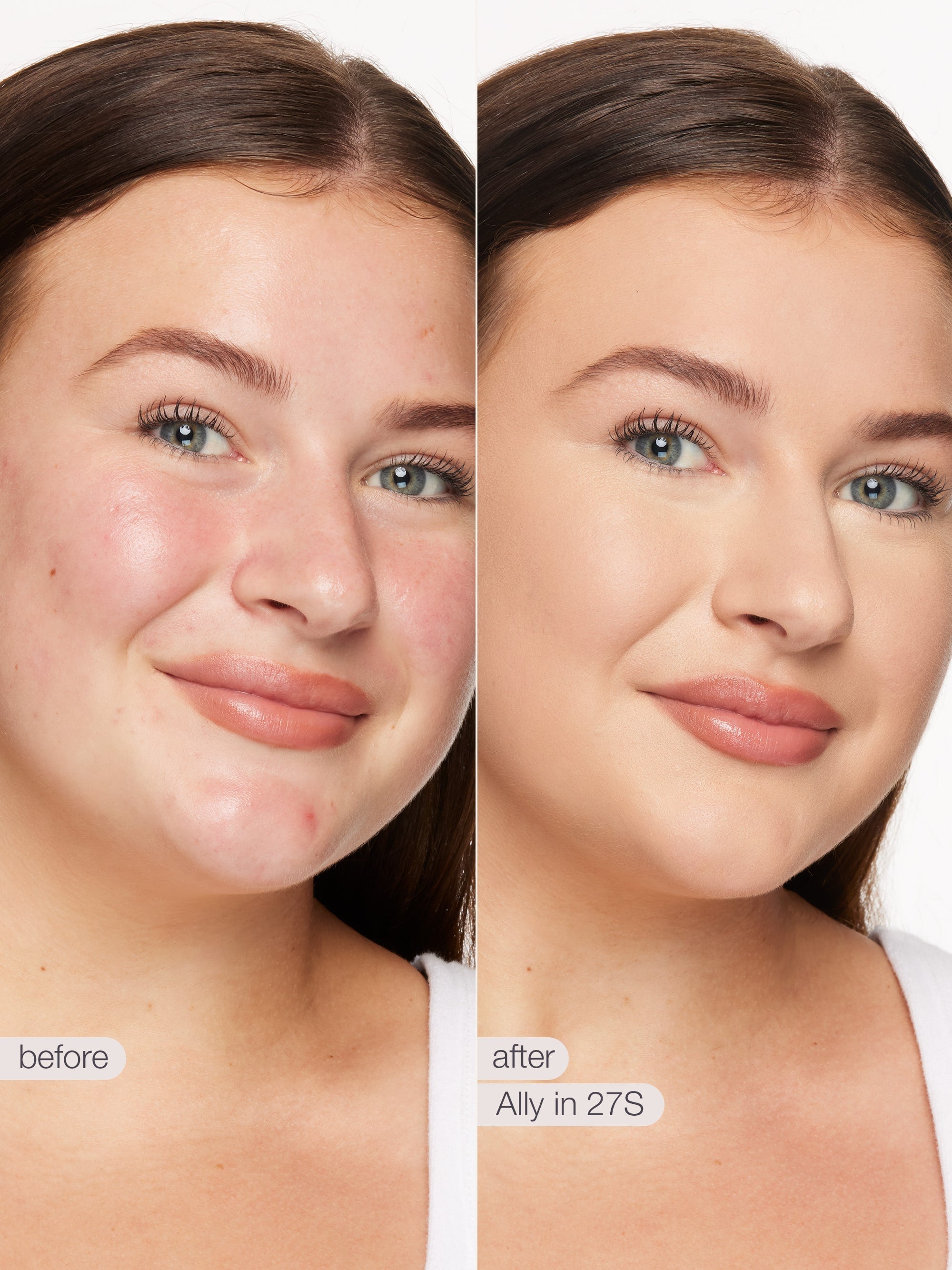 Before and after comparison of a woman's face with visible skin improvement using a product named 'Ally in 27S'. using tarte shape tape concealer
