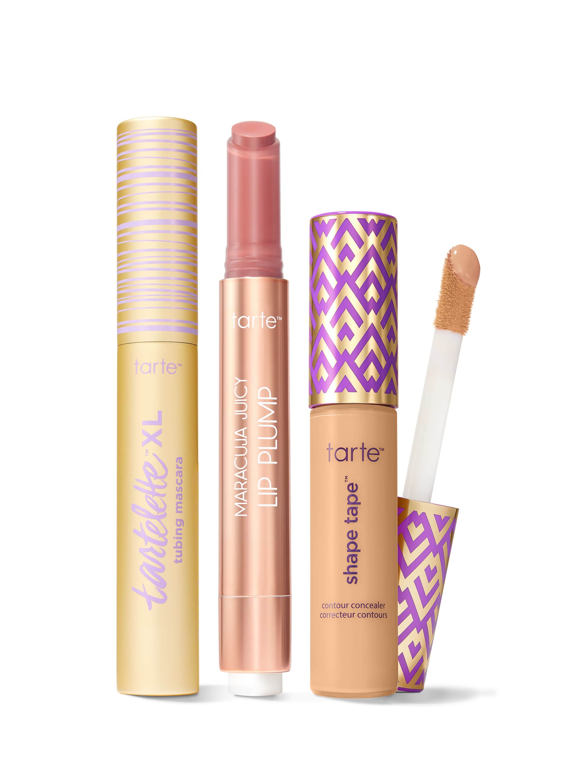 Collection of Tarte lip products including a tartelette tubing XL mascara, maracuja juicy lip plump, and tarte shape tape concealer. 