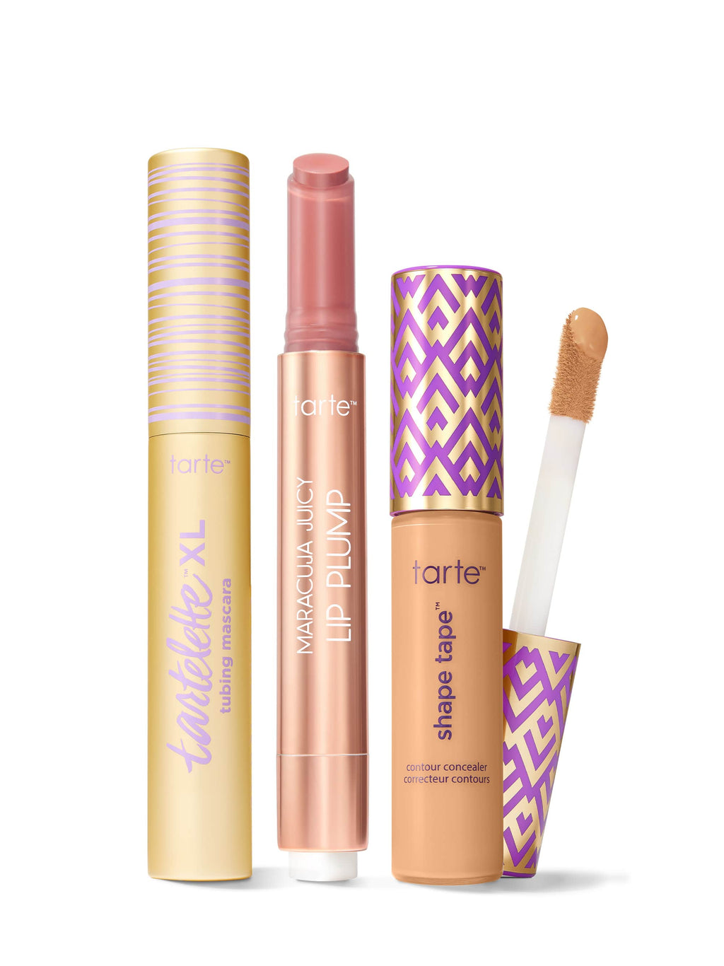 Collection of Tarte lip products including a tartelette tubing XL mascara, maracuja juicy lip plump, and tarte shape tape concealer. 