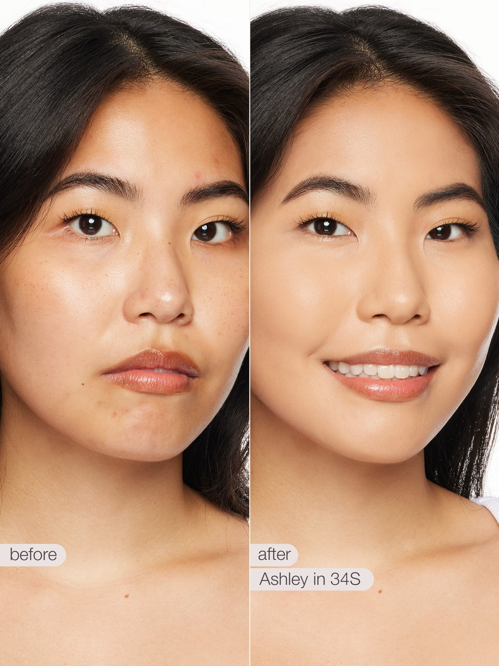 Before and after comparison of a woman's face with text 'before' and 'after' and 'Ashley in 34S'. using tarte shape tape concealer