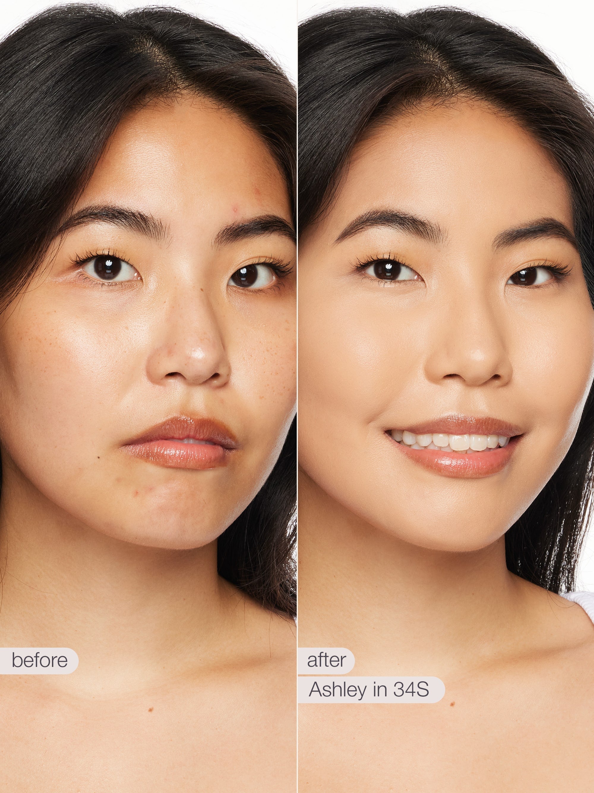 Before and after comparison of a woman's face with text 'before' and 'after' and 'Ashley in 34S'. using tarte shape tape concealer