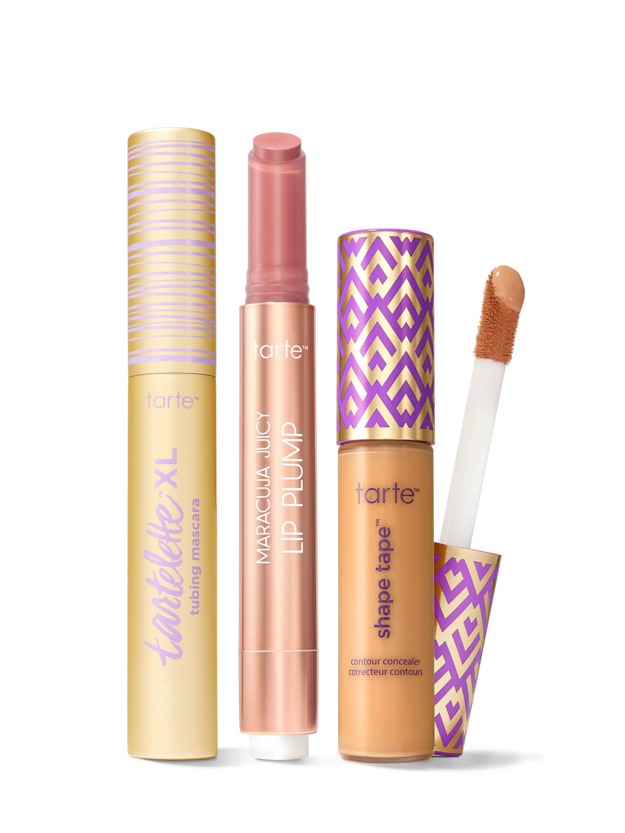 Collection of Tarte lip products including a tartelette tubing XL mascara, maracuja juicy lip plump, and tarte shape tape concealer. 