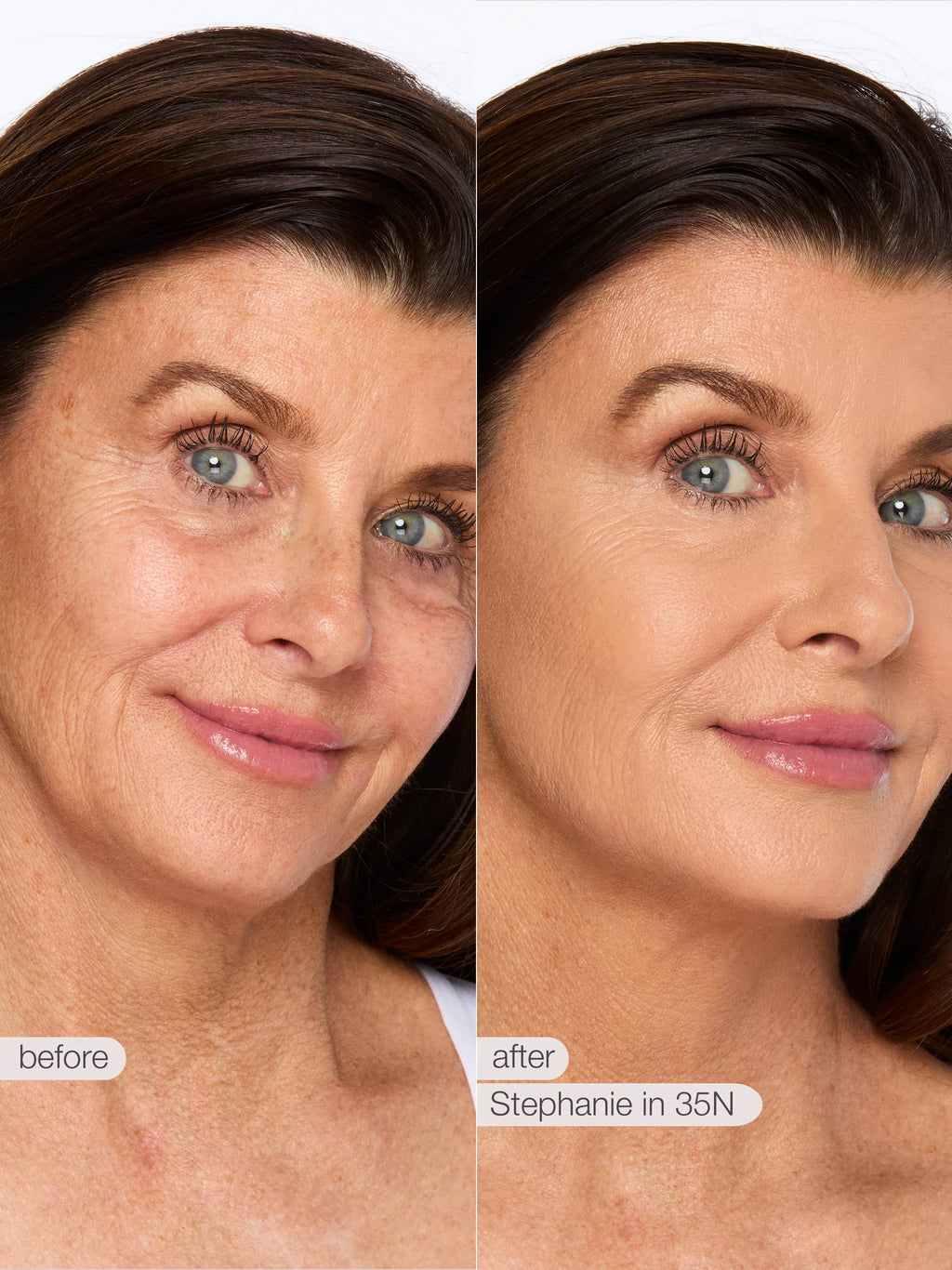 Before and after comparison of a woman's face with visible skin texture differences, labeled 'before' and 'after' with 'Stephanie in 35N'. using tarte shape tape concealer