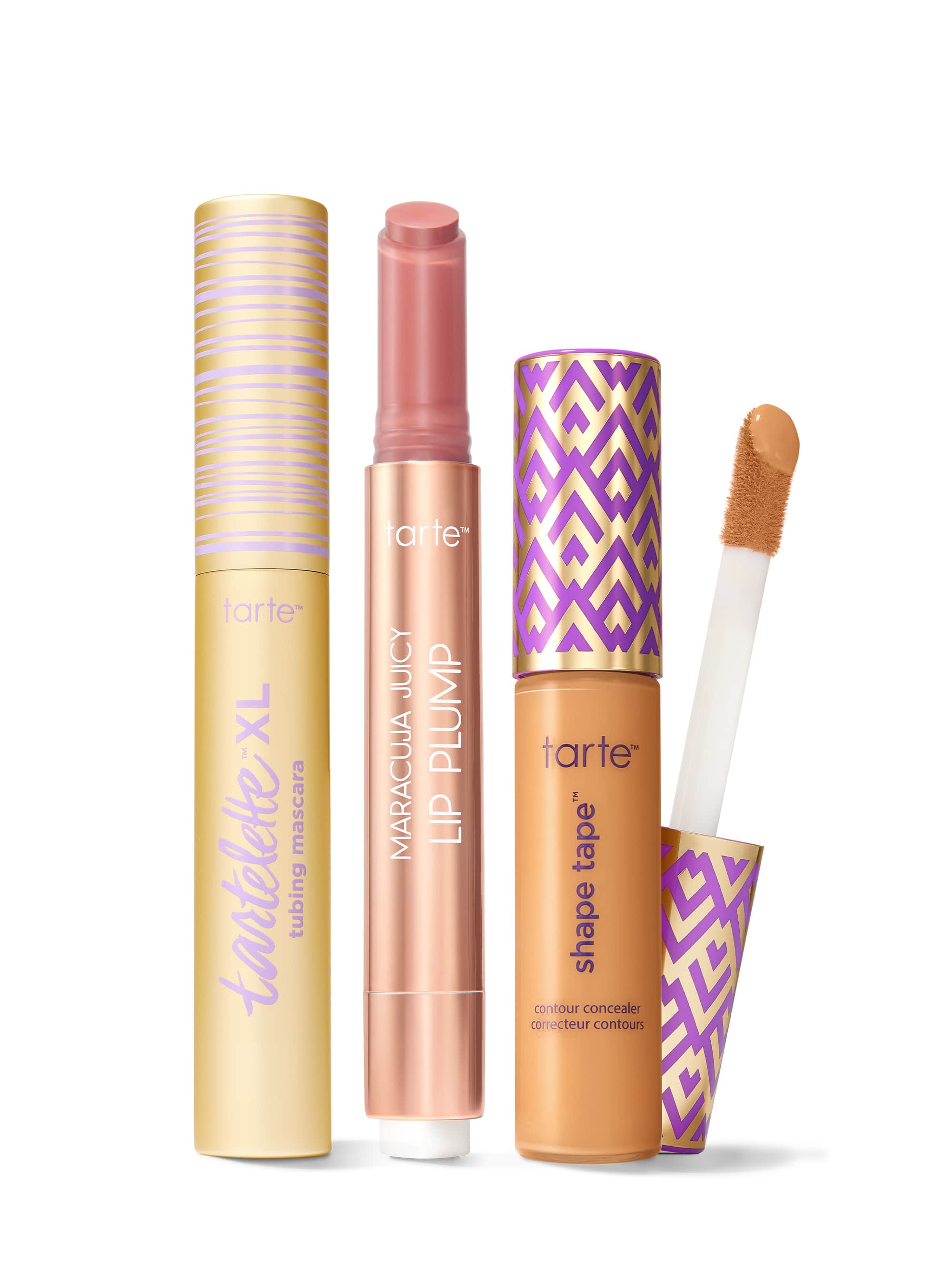 Collection of Tarte lip products including a tartelette tubing XL mascara, maracuja juicy lip plump, and tarte shape tape concealer. 