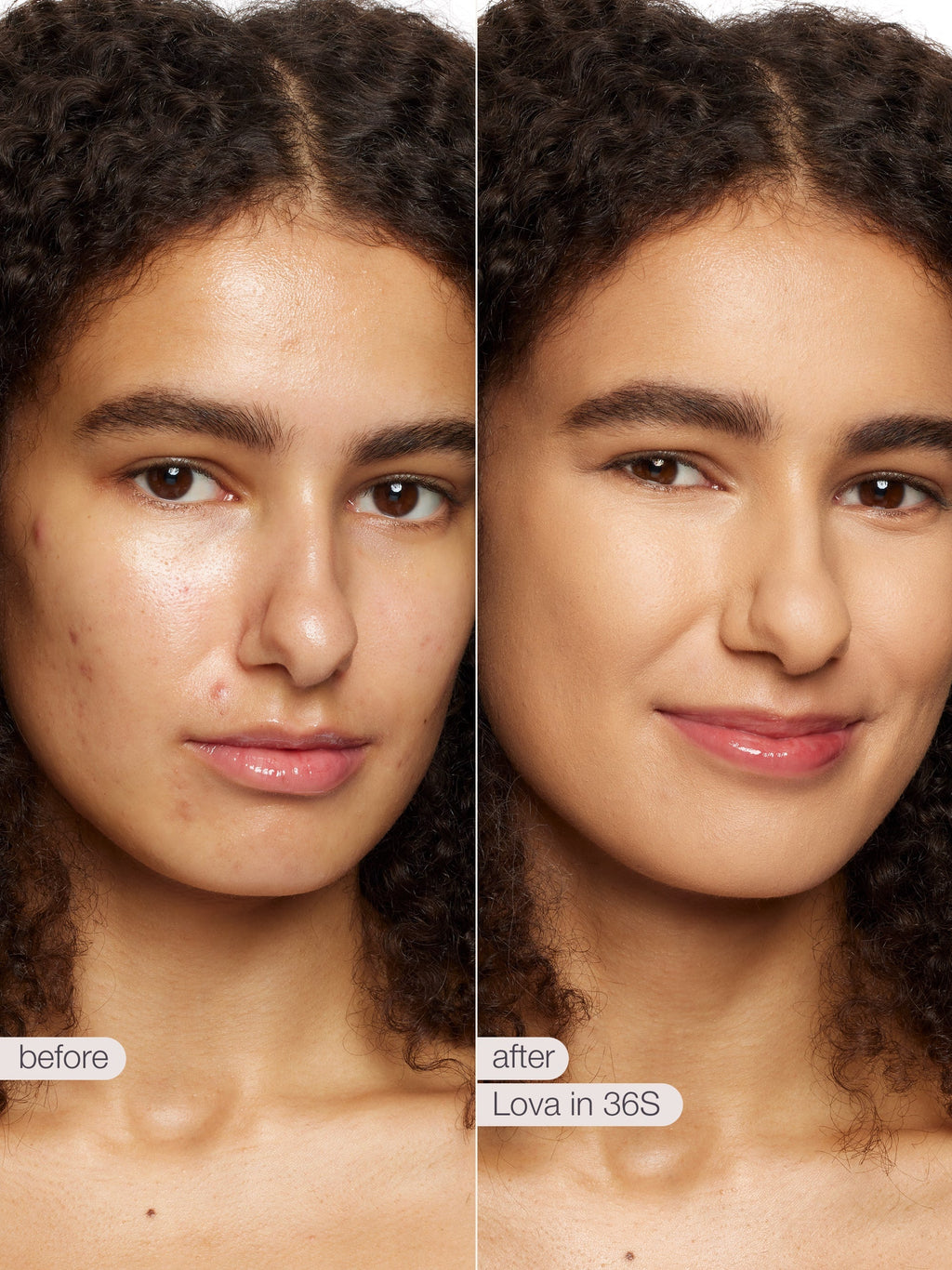 Before and after comparison of a woman's face with visible makeup application. using tarte shape tape concealer