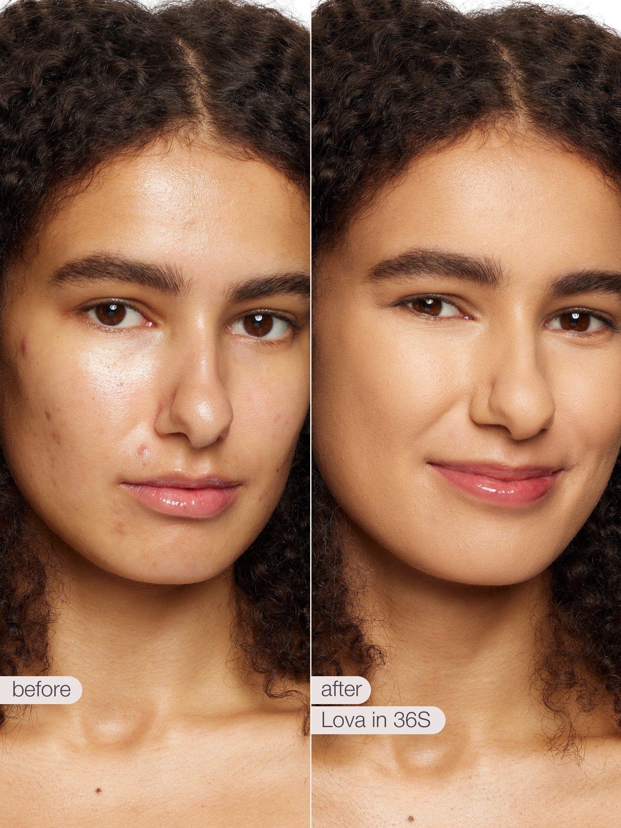 Before and after comparison of a woman's face with visible makeup application. using tarte shape tape concealer