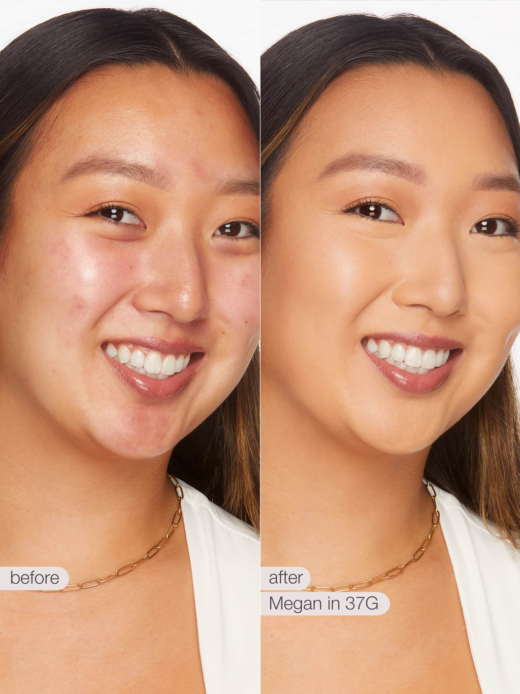 Before and after comparison of a woman's face with text indicating 'before' and 'after' and product name. using tarte shape tape concealer