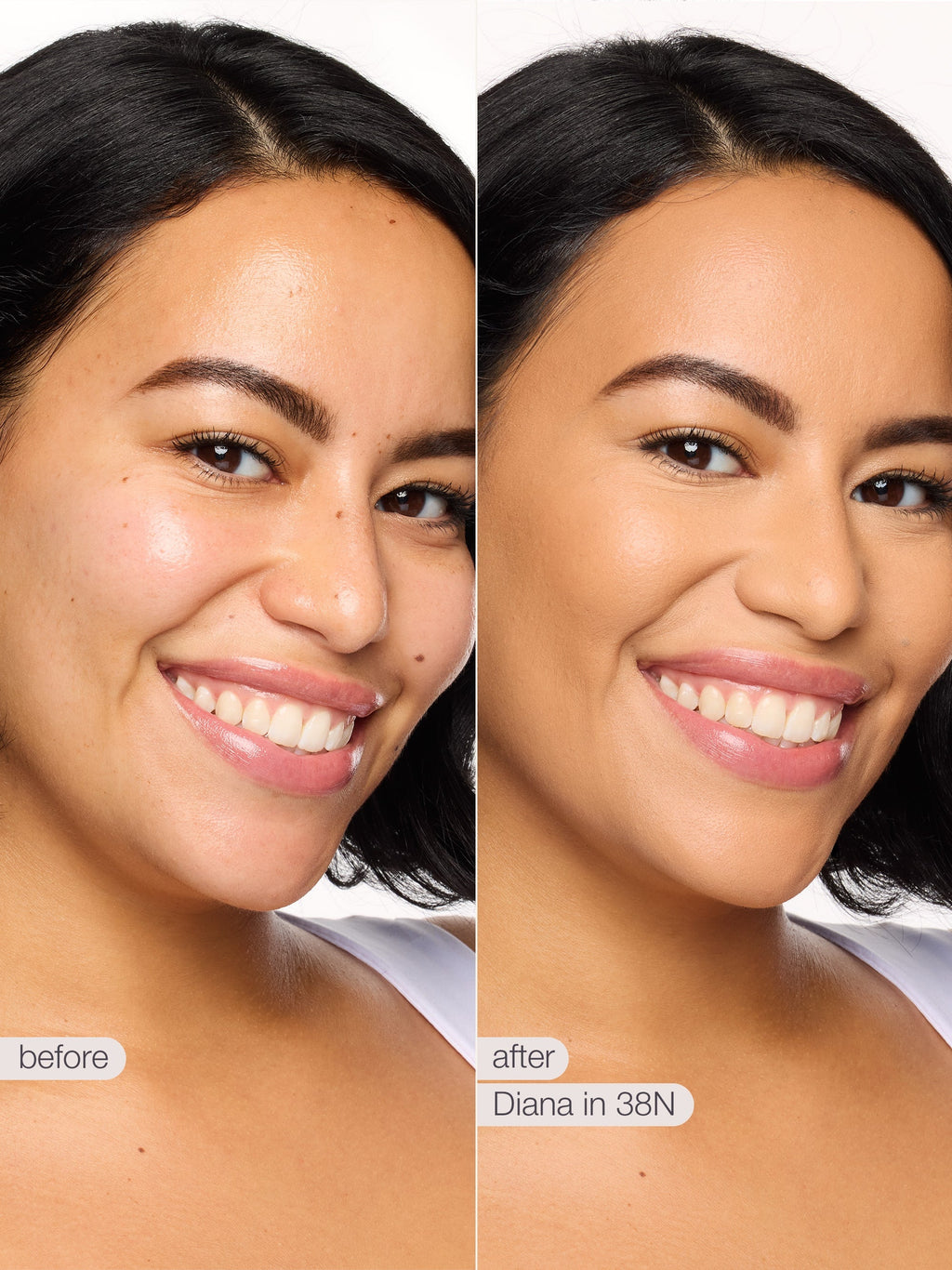 Before and after comparison of a woman's face with visible skin using tarte shape tape concealer treatment results.