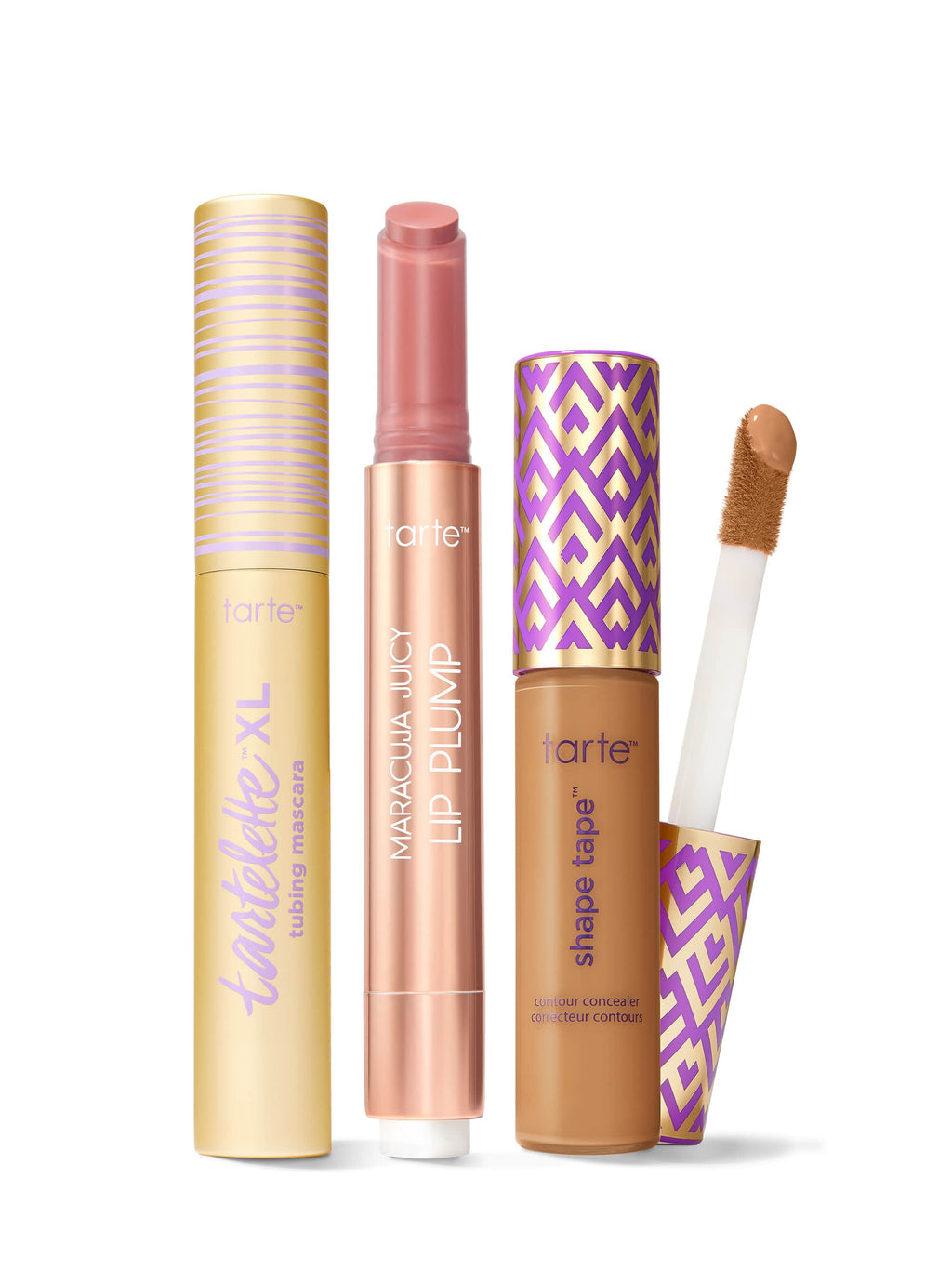 Collection of Tarte lip products including a tartelette tubing XL mascara, maracuja juicy lip plump, and tarte shape tape concealer. 