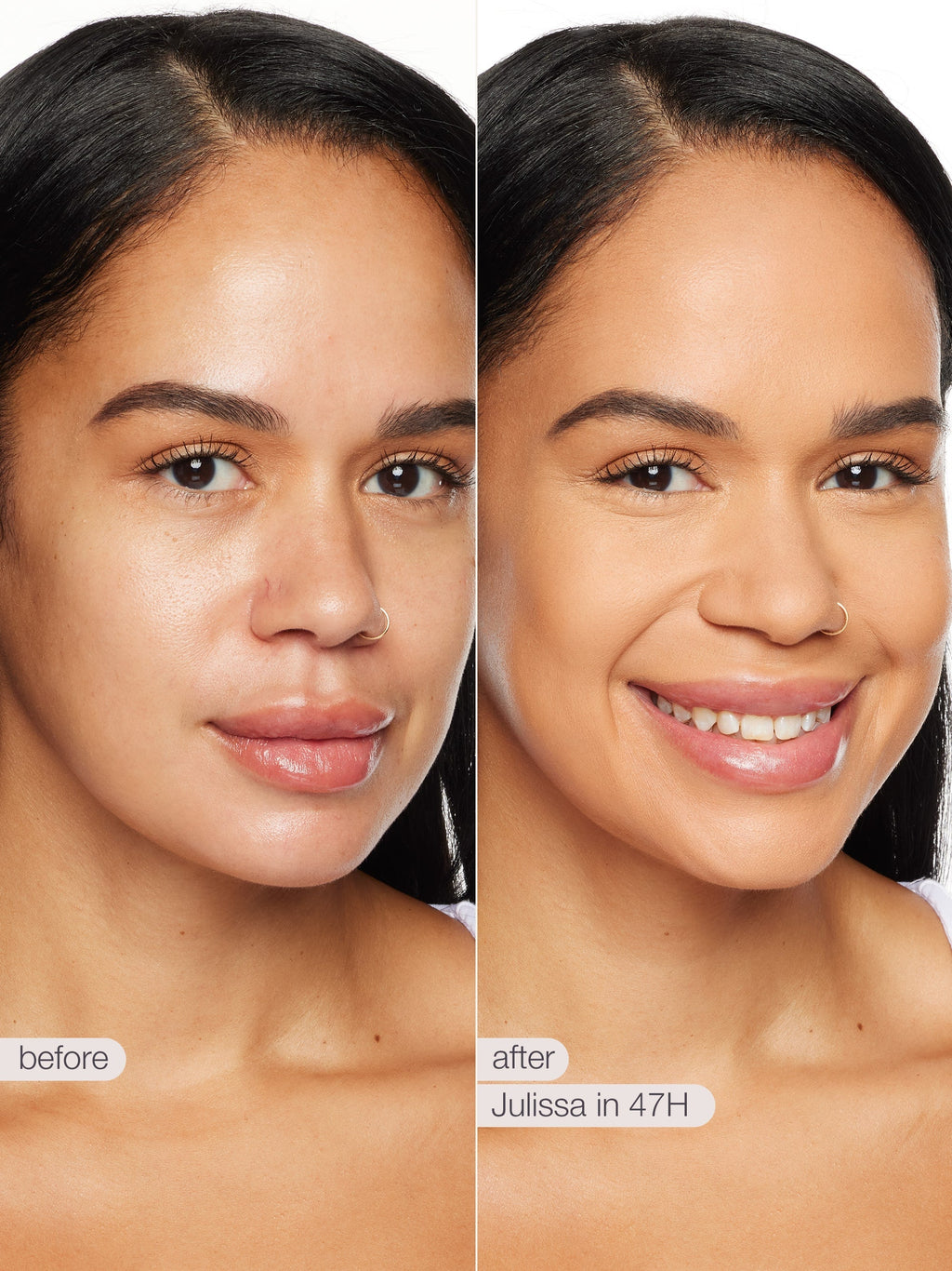Before and after comparison of a woman's face with text indicating product application time. using tarte shape tape concealer