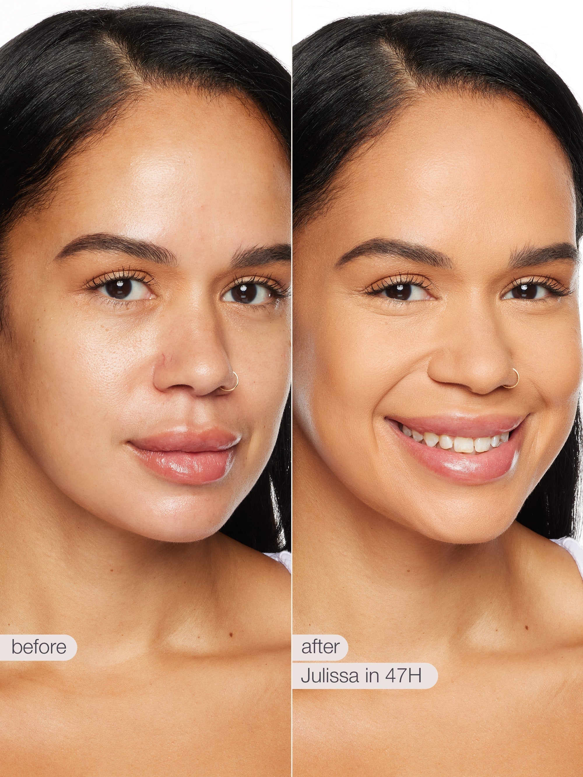 Before and after comparison of a woman's face with text indicating product application time. using tarte shape tape concealer