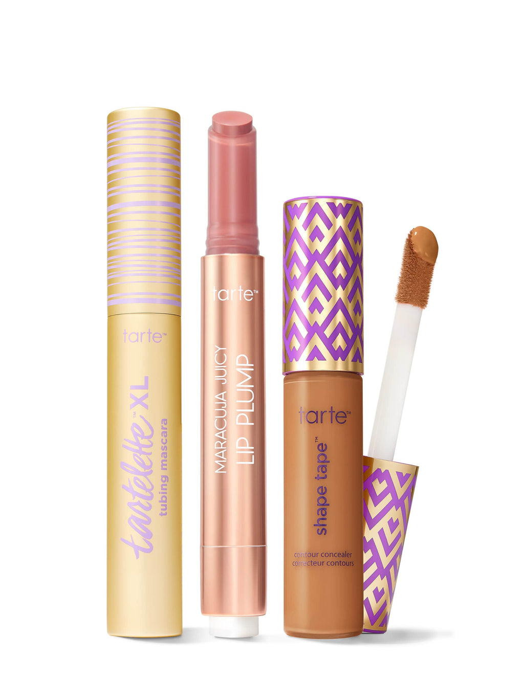 Collection of Tarte lip products including a tartelette tubing XL mascara, maracuja juicy lip plump, and tarte shape tape concealer. 
