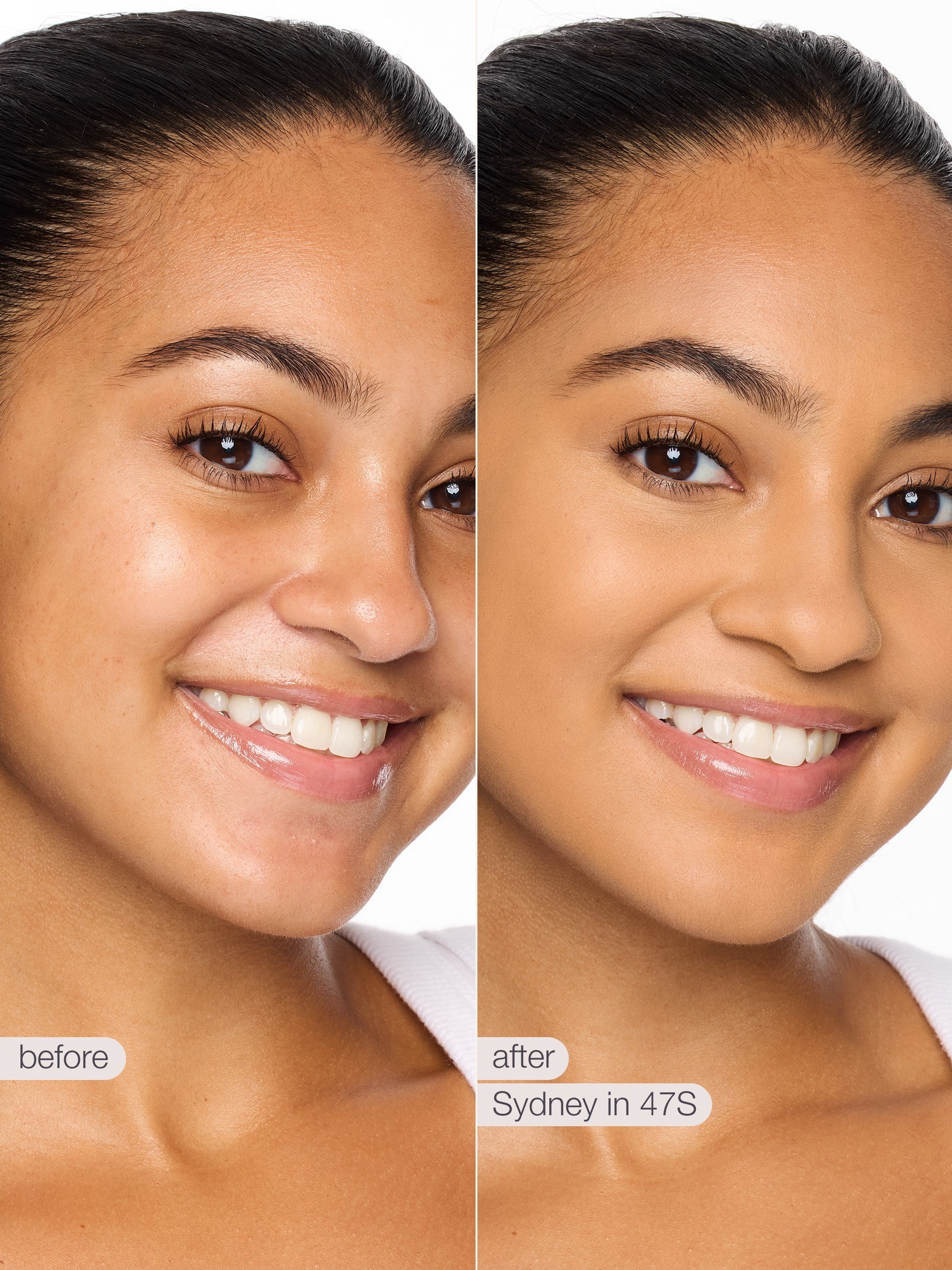 Before and after comparison of a woman's face with text 'before' and 'after' on a white background. using tarte shape tape concealer
