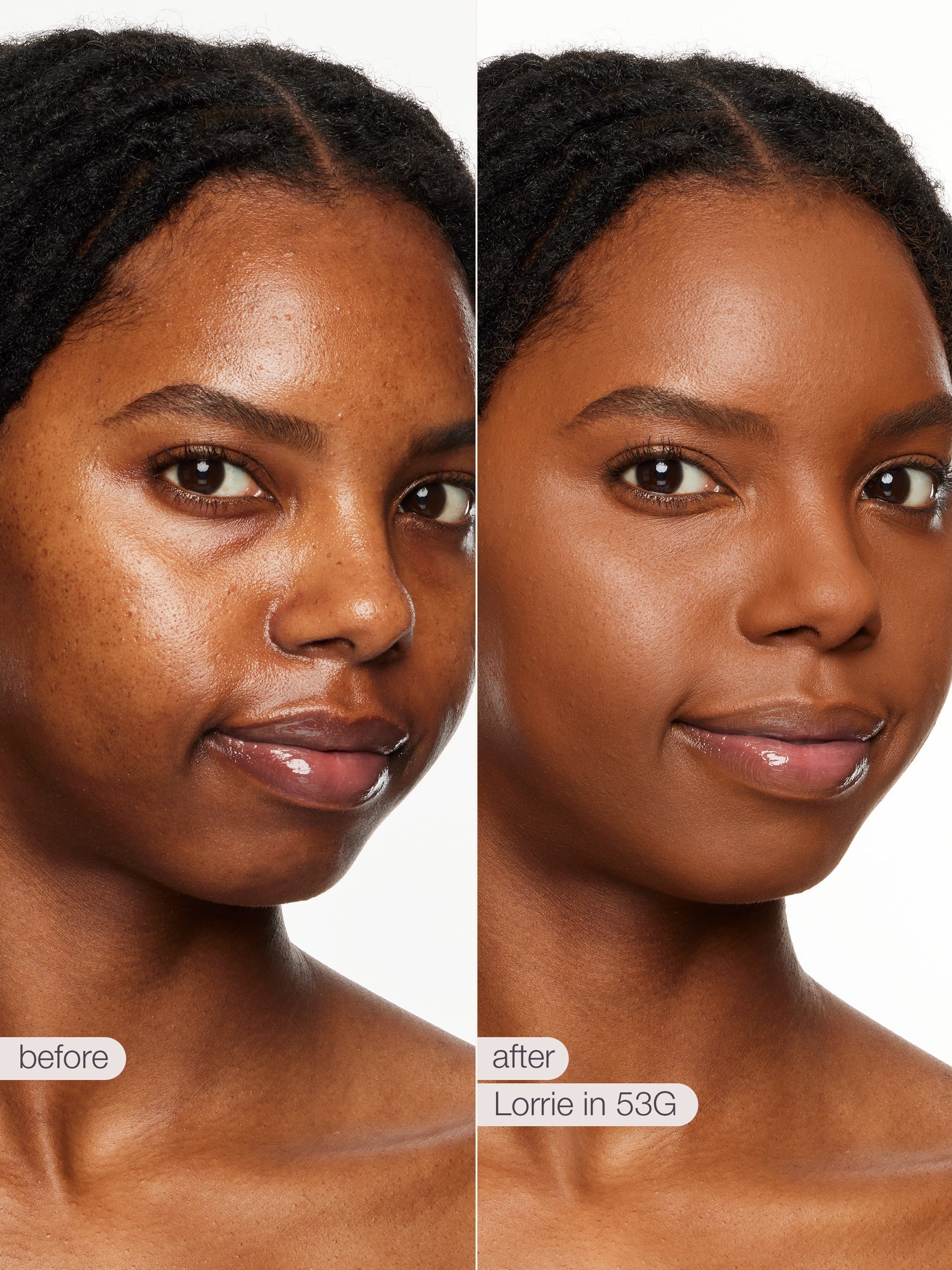 Before and after comparison of a woman's face with text indicating product name and shade. using tarte shape tape concealer