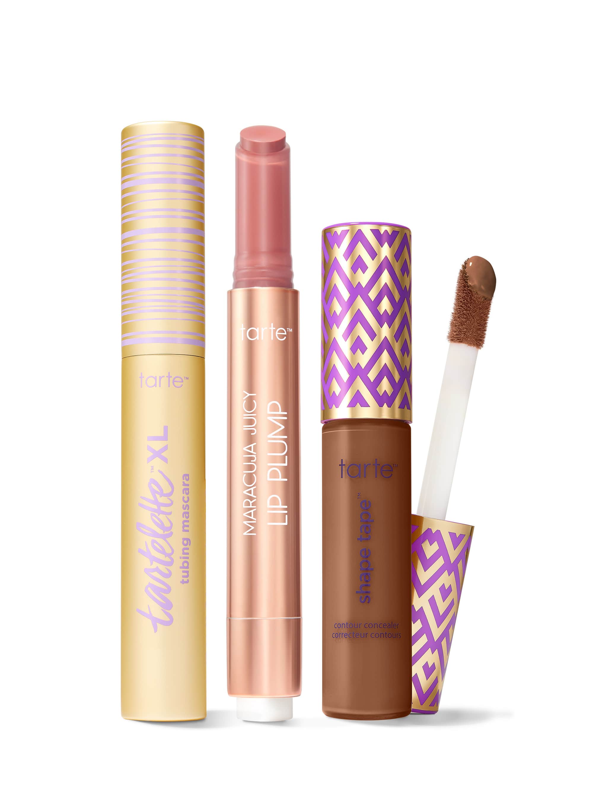 Collection of Tarte lip products including a tartelette tubing XL mascara, maracuja juicy lip plump, and tarte shape tape concealer. 