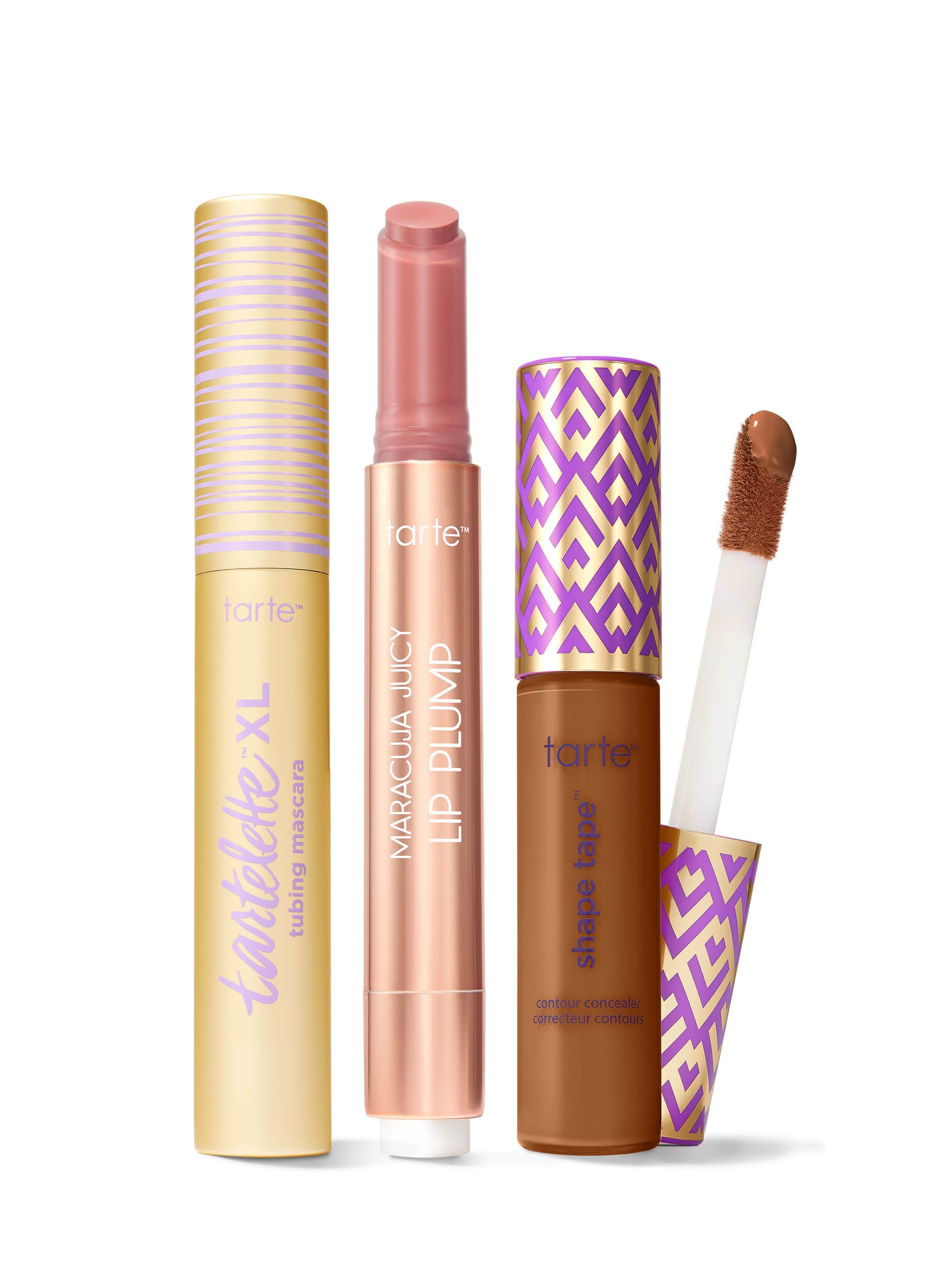 Collection of Tarte lip products including a tartelette tubing XL mascara, maracuja juicy lip plump, and tarte shape tape concealer. 