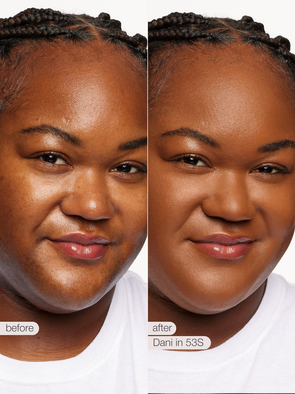 Before and after comparison of a person with braided hair, showing a visible difference in skin texture and color. using tarte shape tape concealer