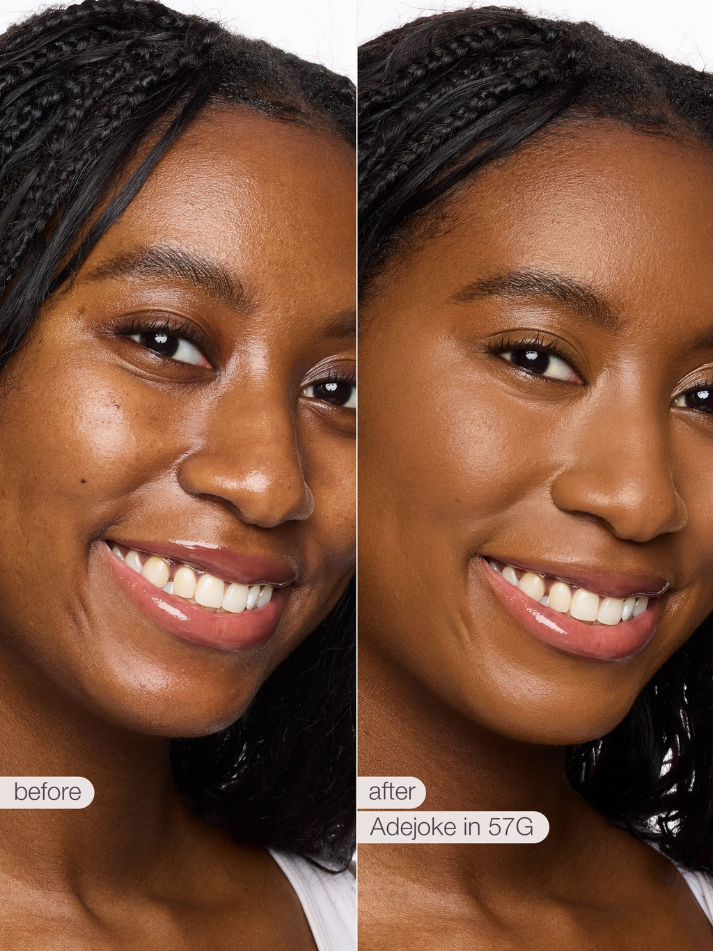 Before and after comparison of a woman's face with visible skin improvement. using tarte shape tape concealer