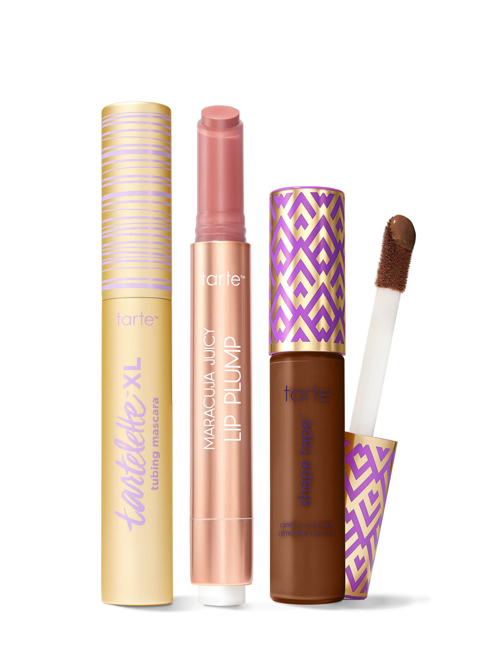 Collection of Tarte lip products including a tartelette tubing XL mascara, maracuja juicy lip plump, and tarte shape tape concealer. 