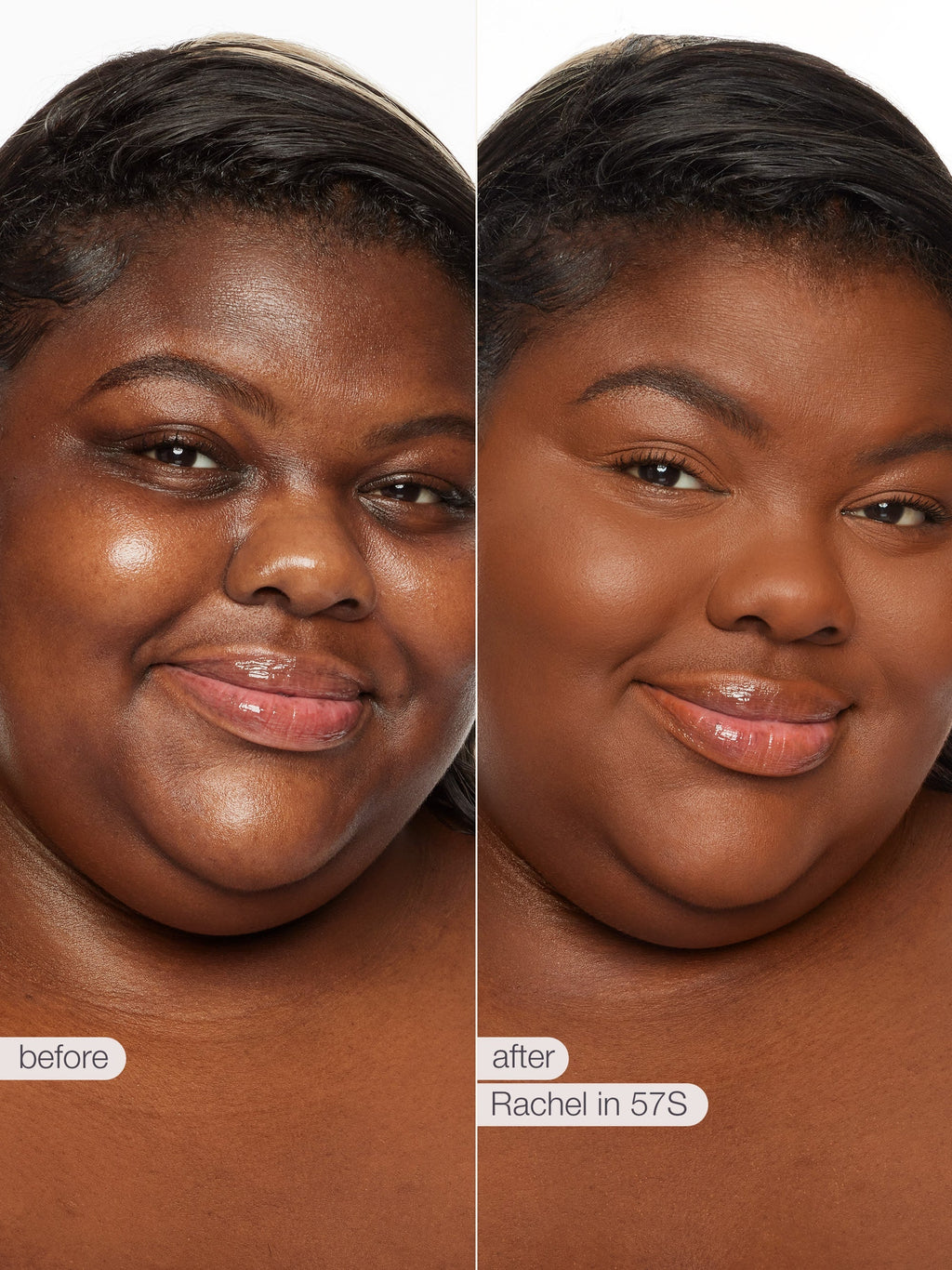 Before and after comparison of a woman's face with text indicating 'before' and 'after' with product name. using tarte shape tape concealer