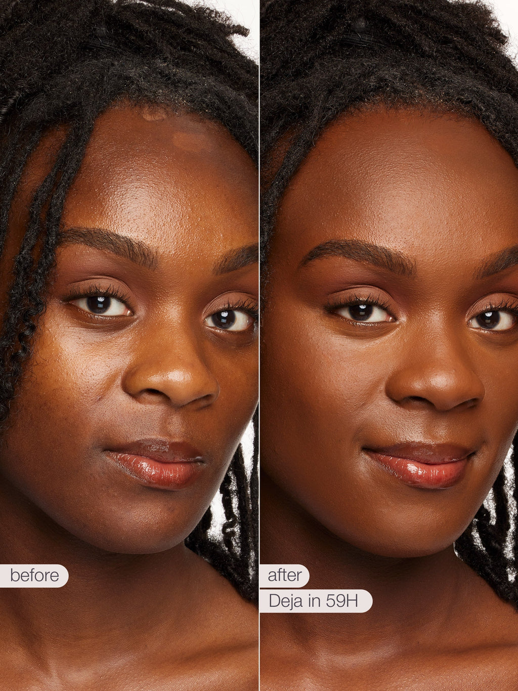Before and after comparison of a woman's face with text indicating 'before' and 'after' with a brand name.  using tarte shape tape concealer