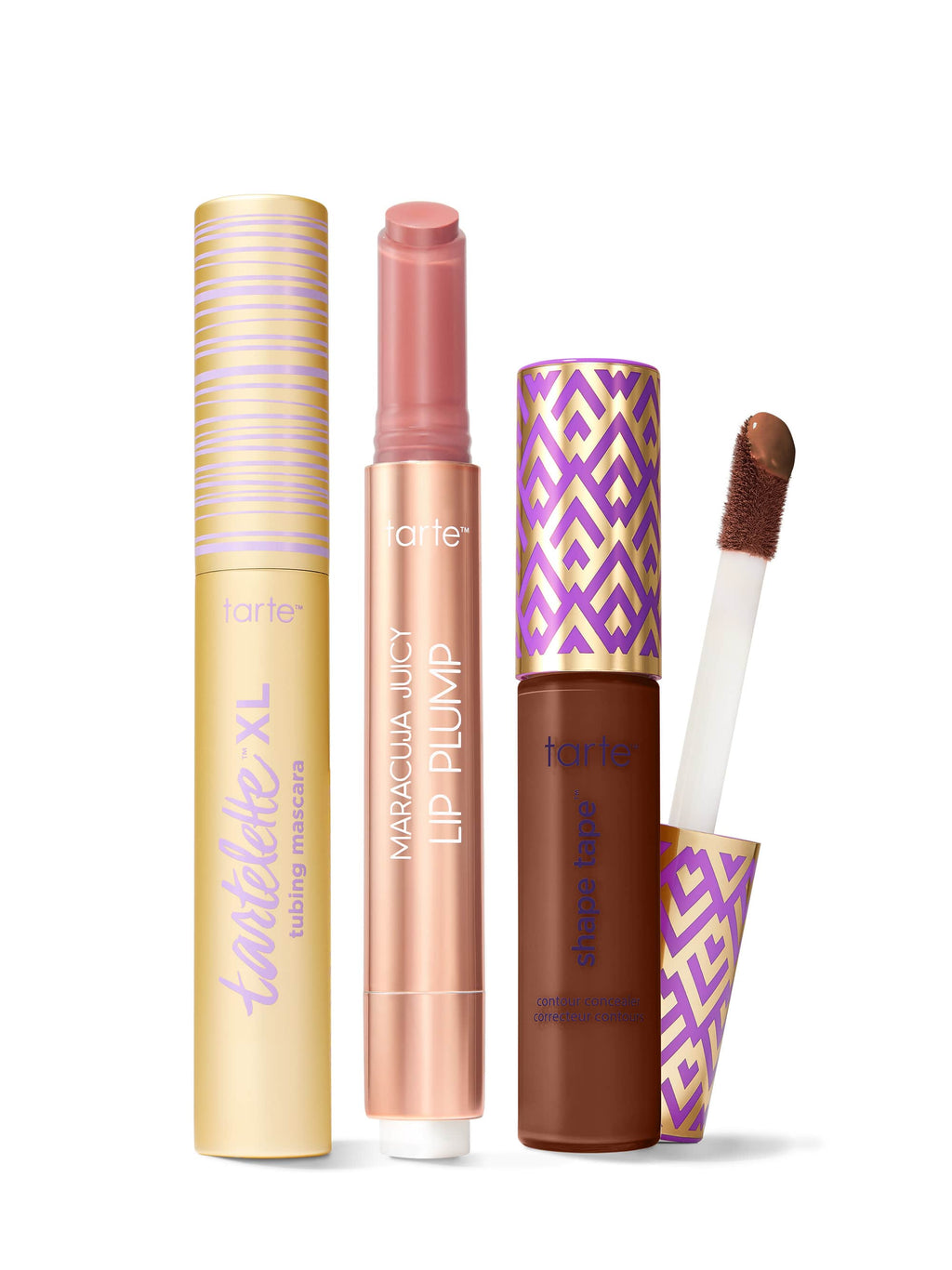 Collection of Tarte lip products including a tartelette tubing XL mascara, maracuja juicy lip plump, and tarte shape tape concealer. 