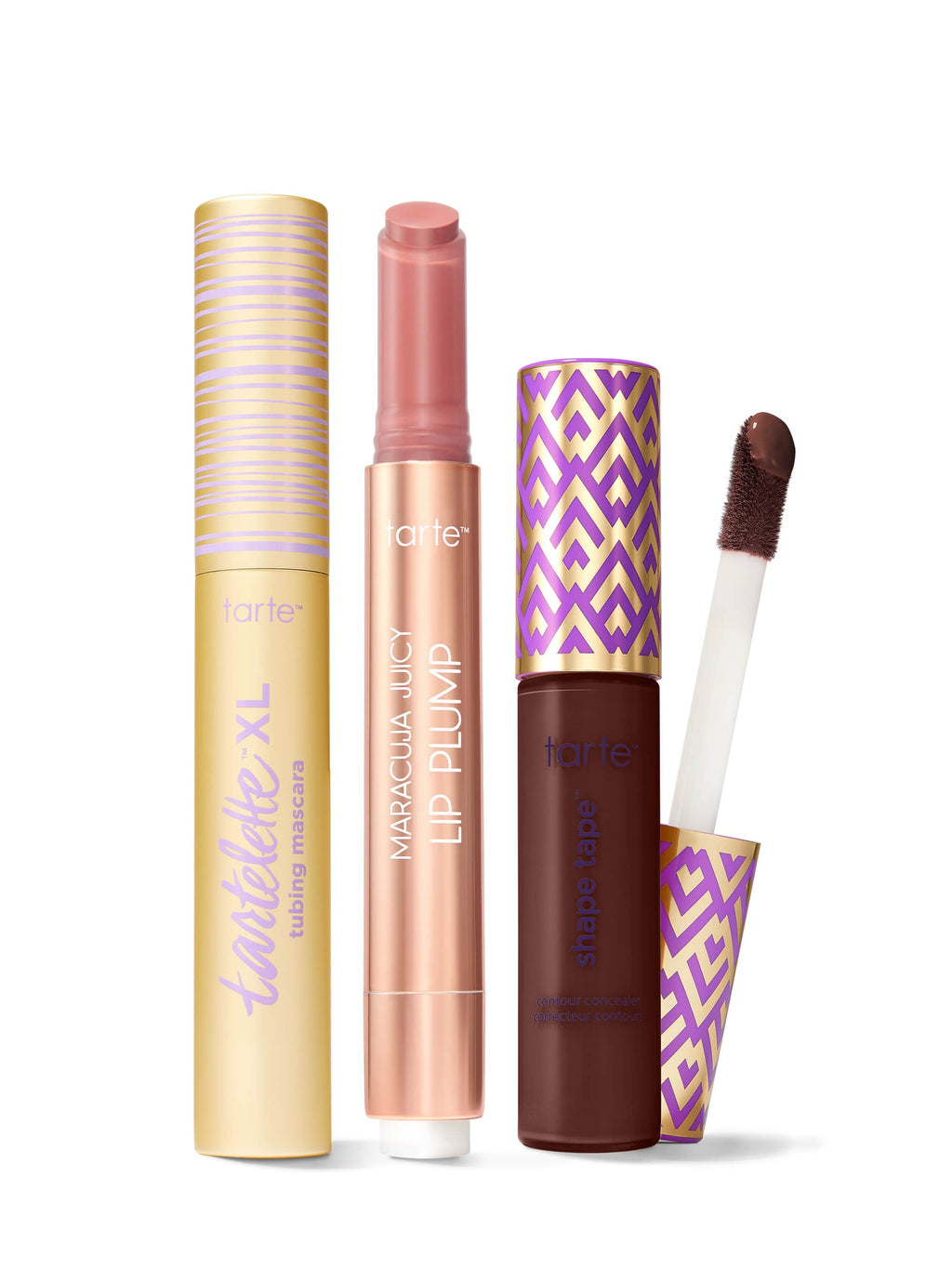 Collection of Tarte lip products including a tartelette tubing XL mascara, maracuja juicy lip plump, and tarte shape tape concealer. 