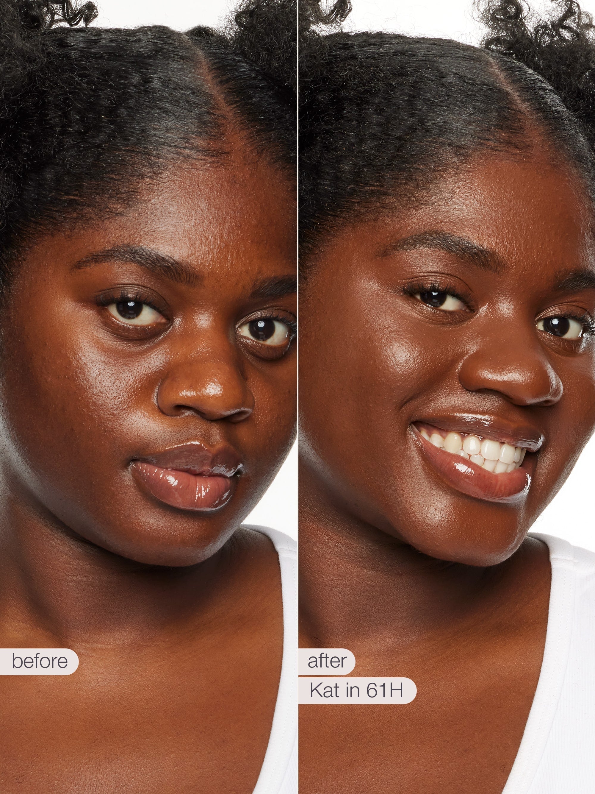 Before and after comparison of a woman's face with text indicating 'before' and 'after' Kat in 61H. using tarte shape tape concealer