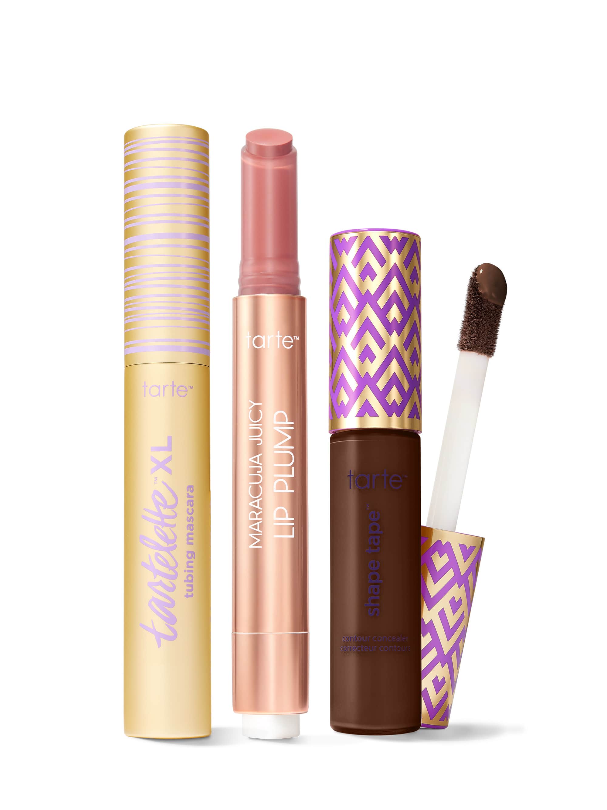 Collection of Tarte lip products including a tartelette tubing XL mascara, maracuja juicy lip plump, and tarte shape tape concealer. 
