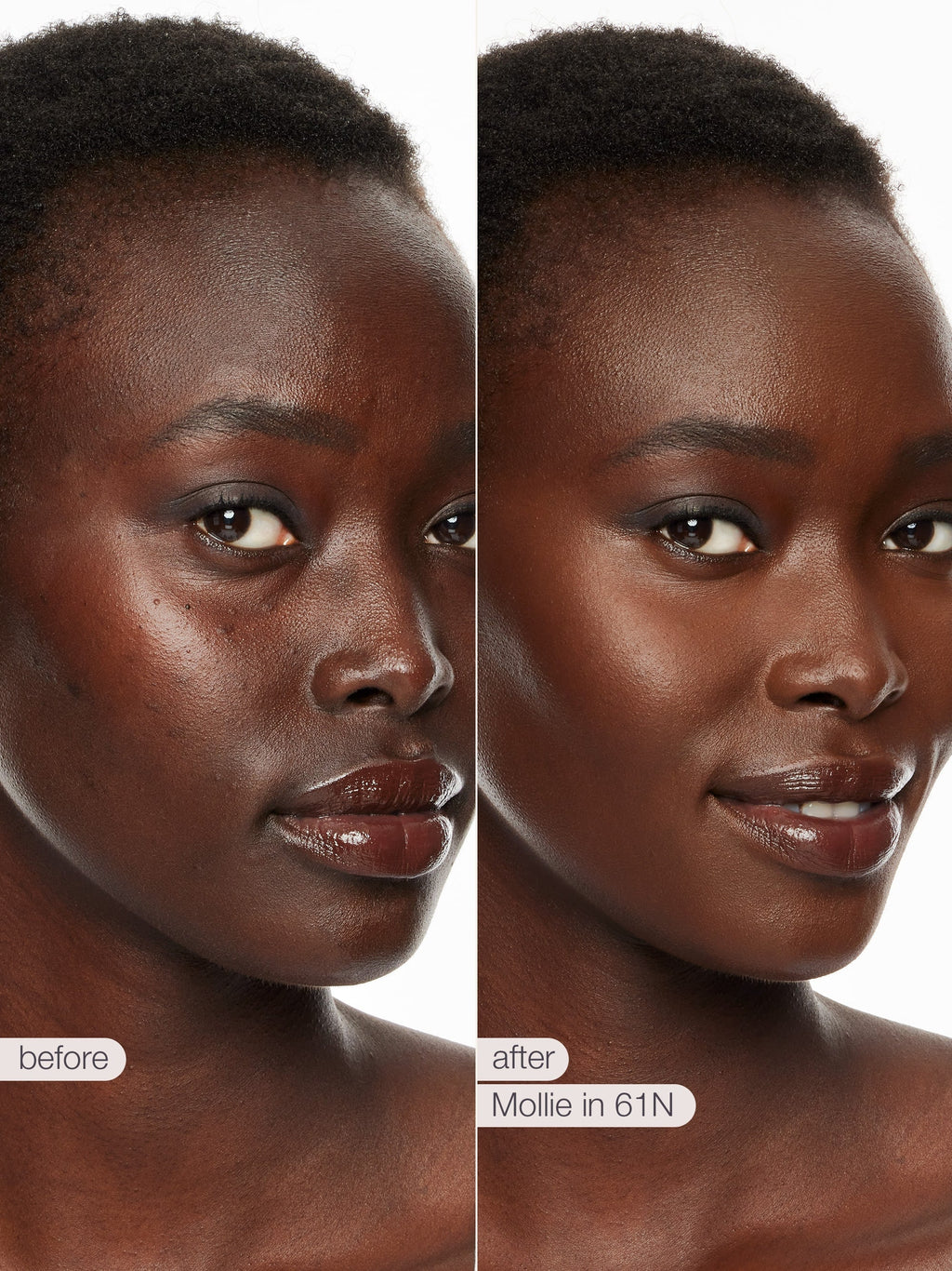 Before and after comparison of a woman's face with text indicating 'before' and 'after' tarte shape tape concealer