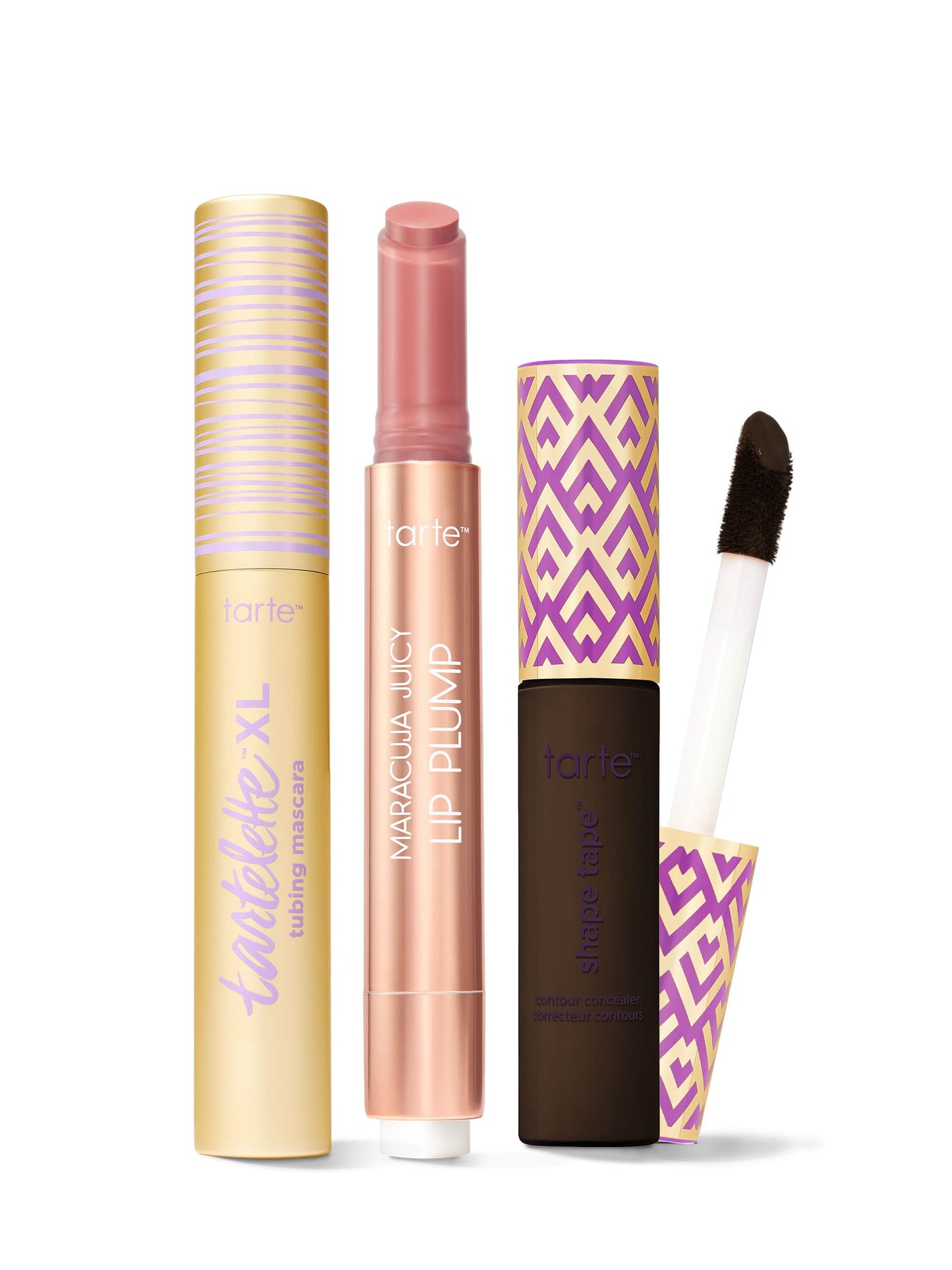 Collection of Tarte lip products including a tartelette tubing XL mascara, maracuja juicy lip plump, and tarte shape tape concealer. 