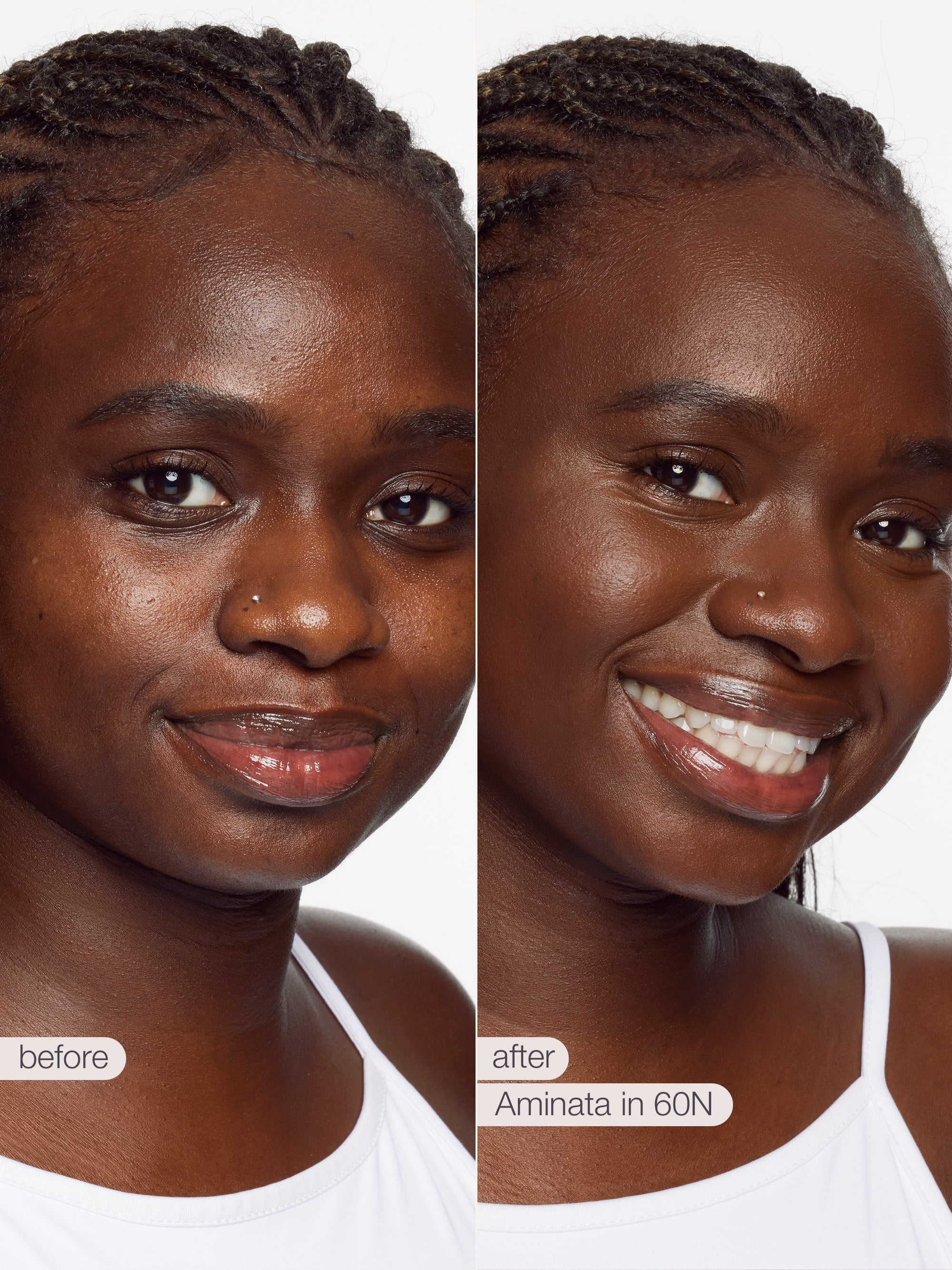 Before and after comparison of a woman's face with visible skin improvement using Aminata in 60N. using tarte shape tape concealer