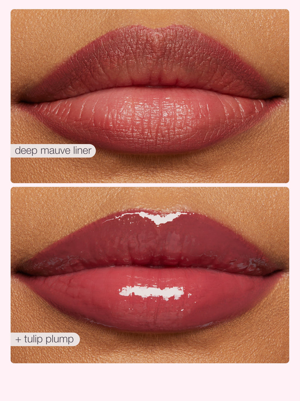 Close-up of lips with 'deep mauve liner' and 'tulip plump' makeup on a beige background