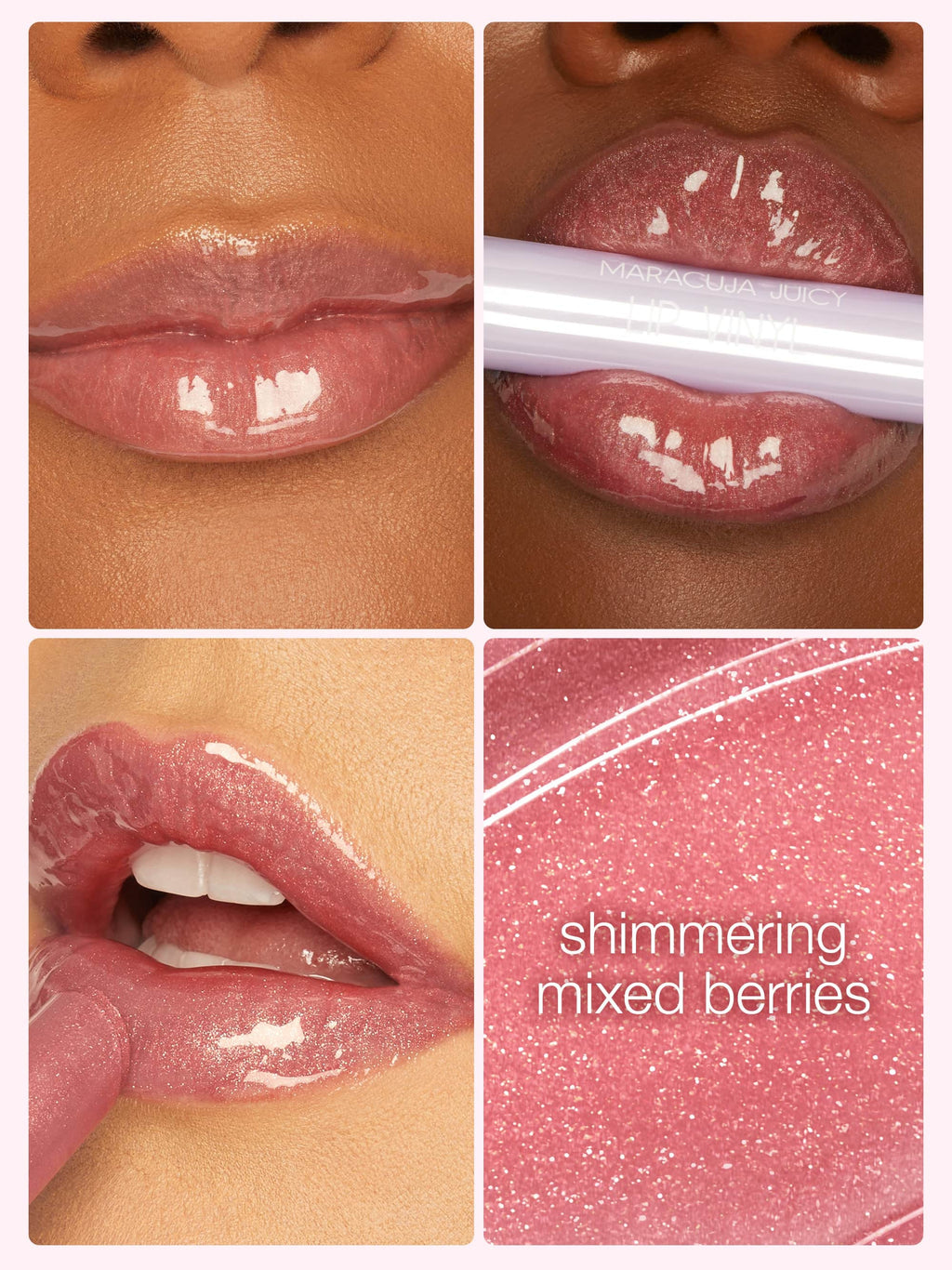 Collage of a person applying maracuja juicy lip plump with close-up shots and a color swatch labeled 'shimmering mixed berries'.