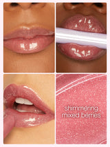 Collage of a person applying maracuja juicy lip plump with close-up shots and a color swatch labeled 'shimmering mixed berries'.