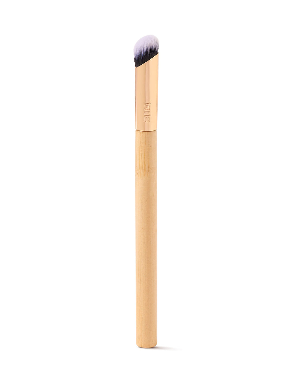 Makeup brush with wooden handle and black bristle head on a white background