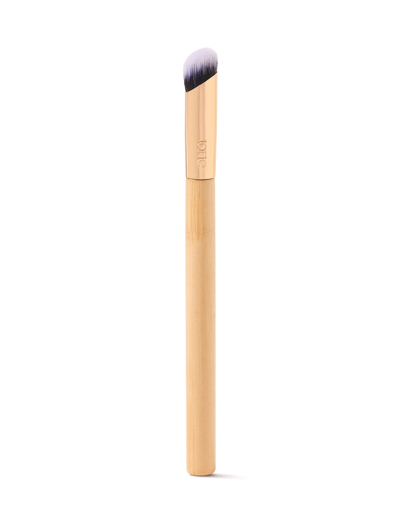 Makeup brush with wooden handle and black bristle head on a white background