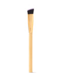 Makeup brush with wooden handle and black bristle head on a white background