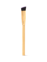 Makeup brush with wooden handle and black bristle head on a white background
