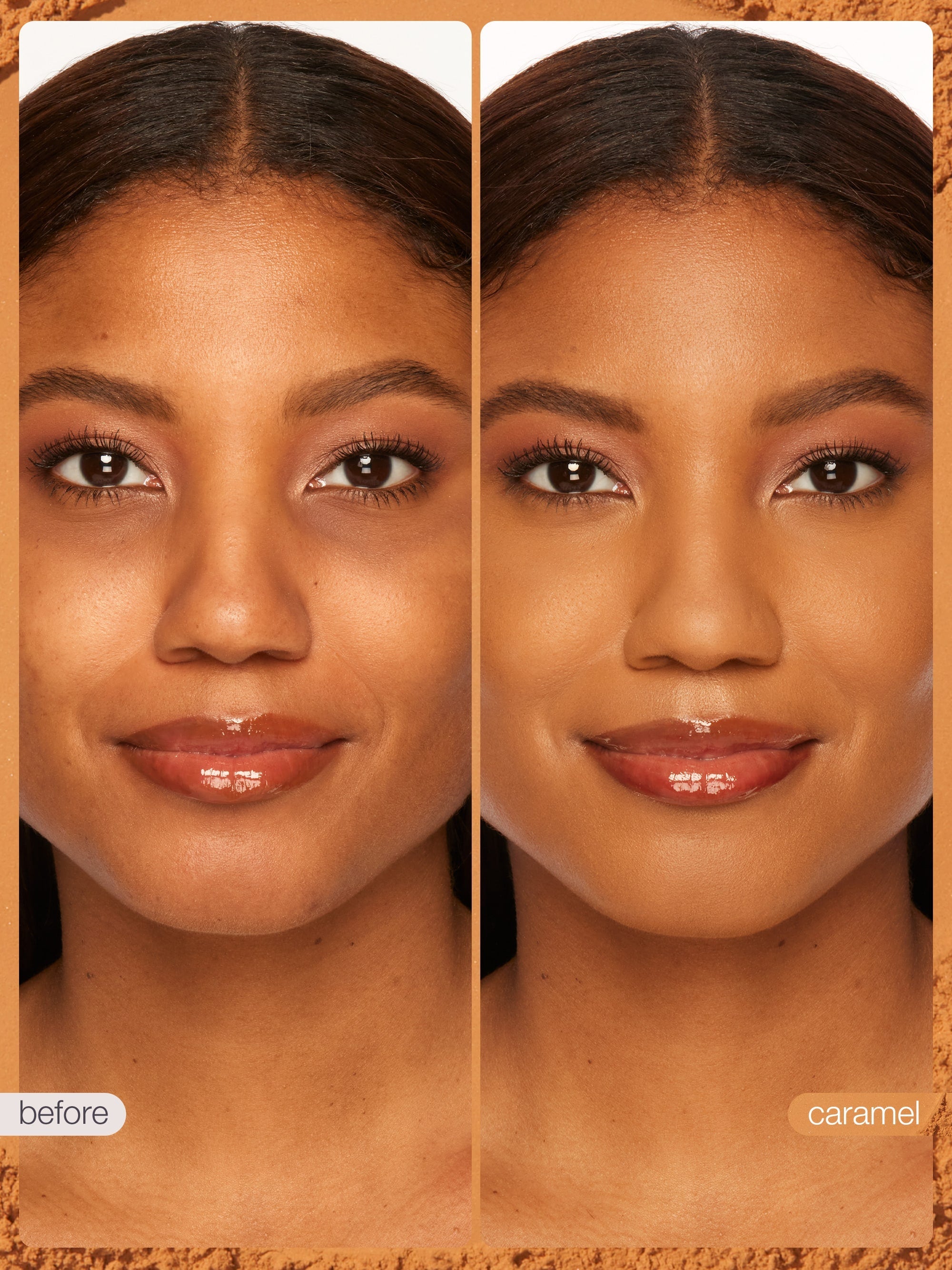 Before and after comparison of a woman's face with 'before' and 'caramel' labels.