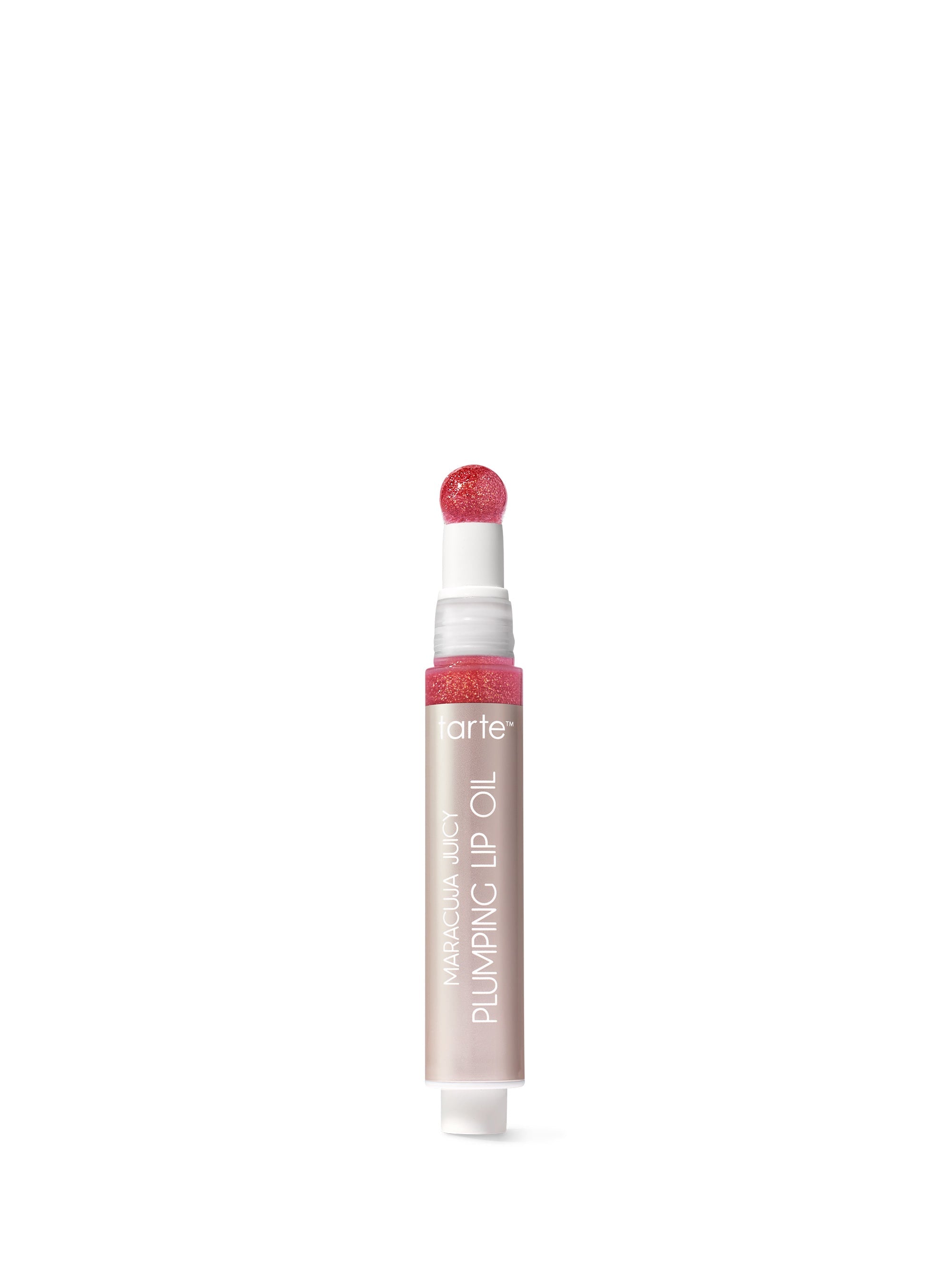 Lip oil with pink cap and label on a white background