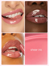 Collage of lips wearing maracuja juicy lip vinyl & lip liner duo with 'sheer iris' text.