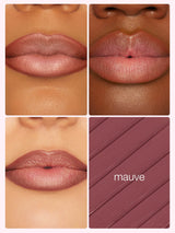 maracuja juicy lip vinyl & lip liner duo  on lips with color swatch labeled 'mauve'.
