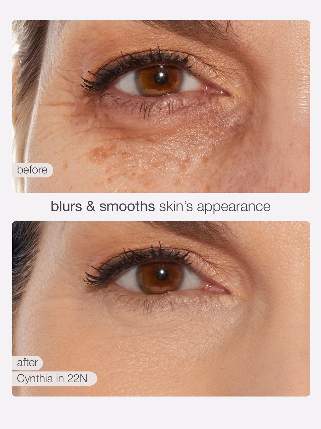 Before and after comparison of tarte creaseless creamy concealer on a person's eyelid.