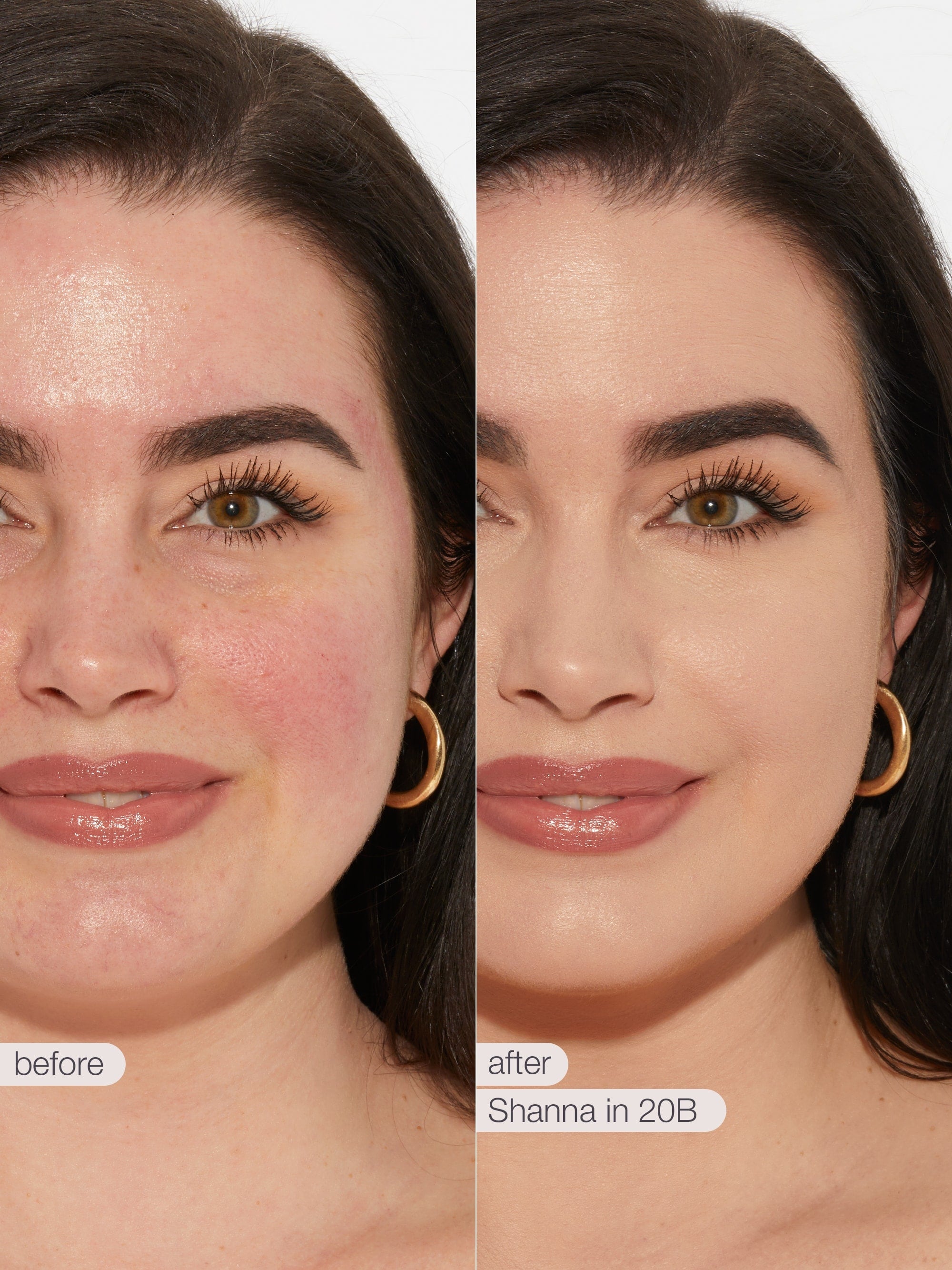 Before and after comparison of a woman's face with  tarte creaseless creamy concealer in shade 'Shanna in 20B'.