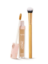 tarte creaseless creamy concealer with applicator and brush on a white background