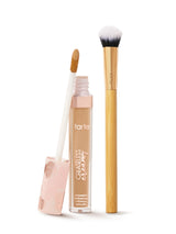 tarte creaseless creamy concealer concealer with applicator and brush on a white background