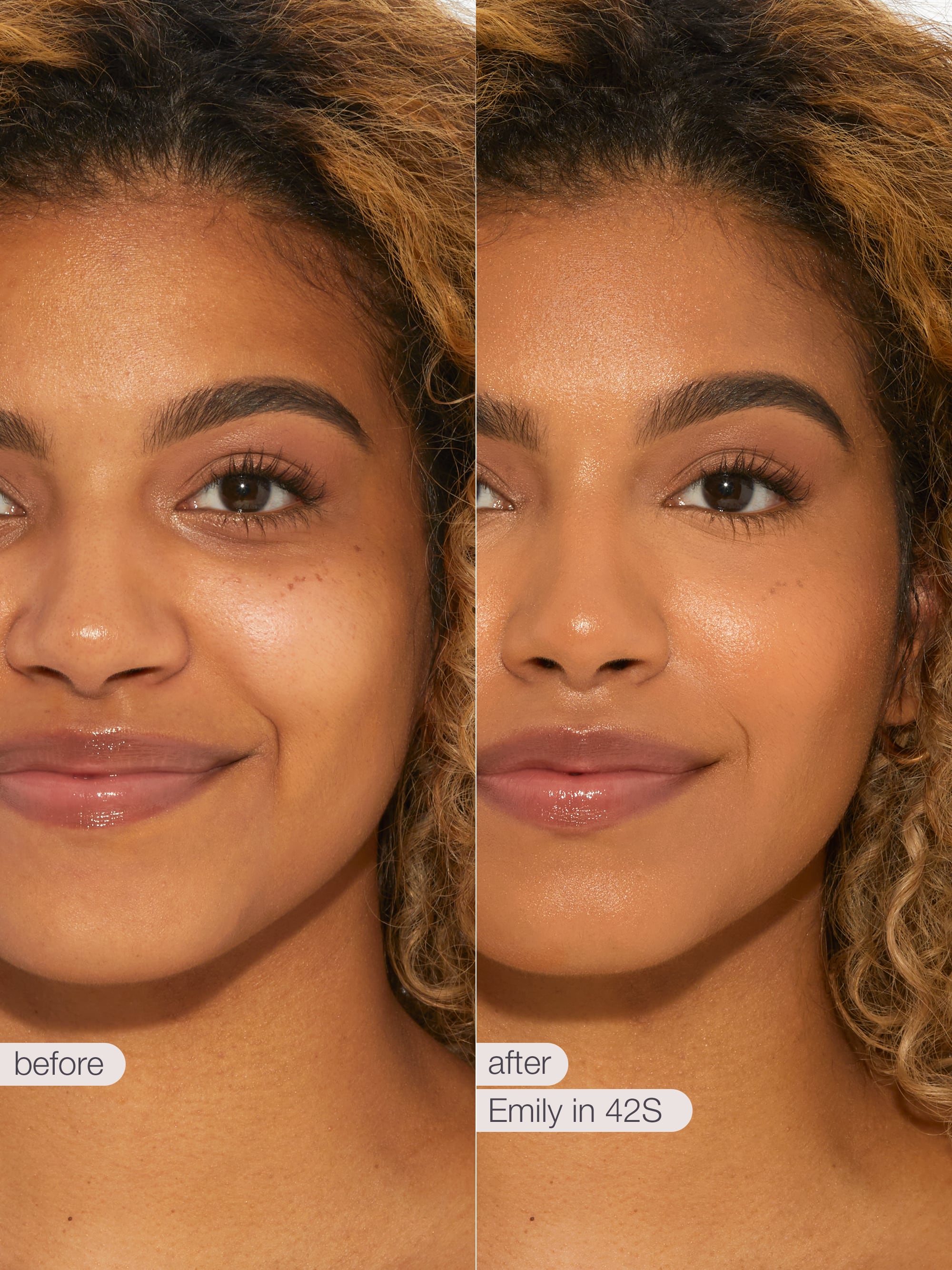 Before and after comparison of a woman's face with  tarte creaseless creamy concealer in shade 'Emily in 42S' branding.
