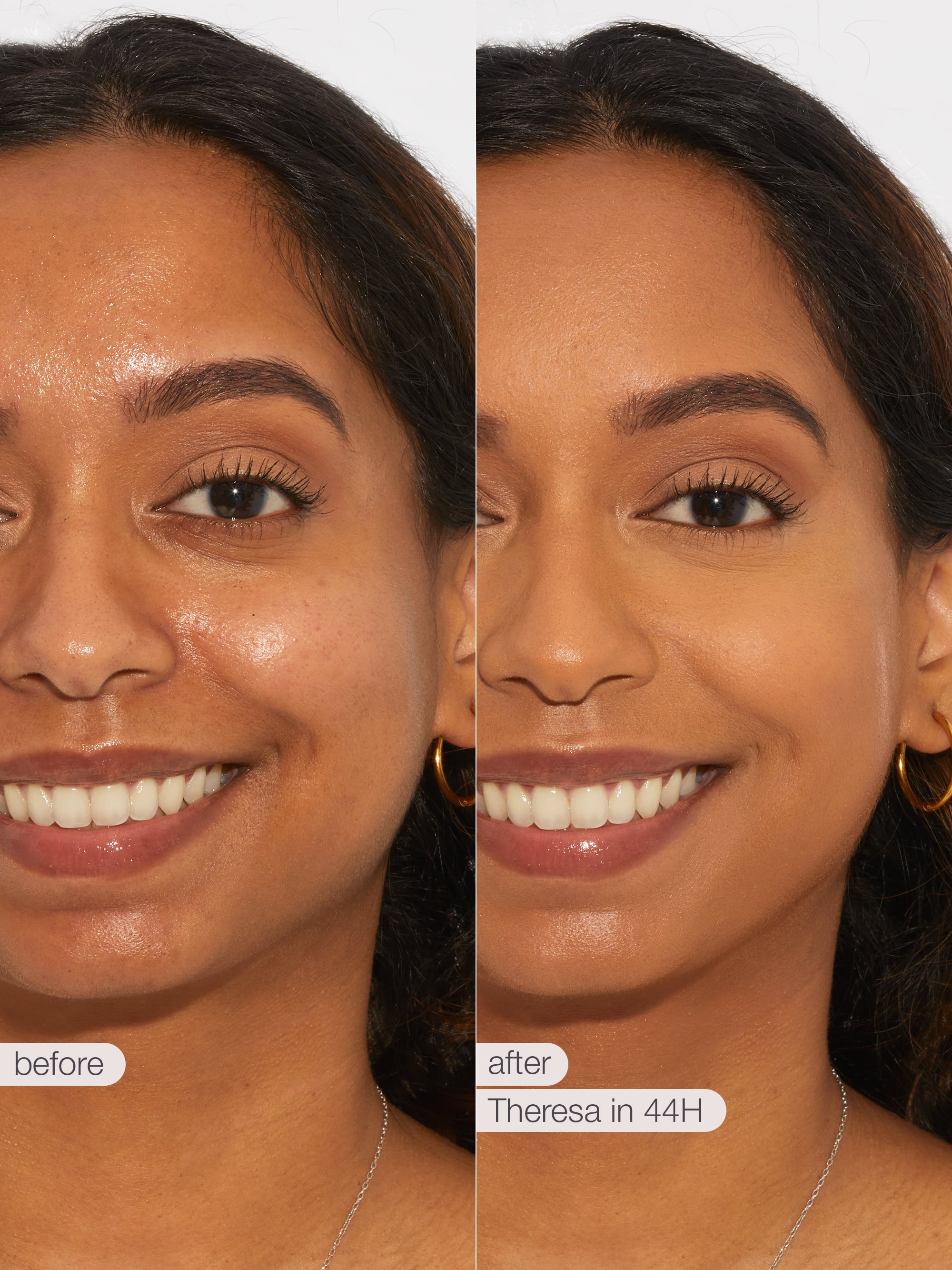Before and after comparison of a woman's face with a product application labeled  tarte creaseless creamy concealer in shade 'Theresa in 44H'.